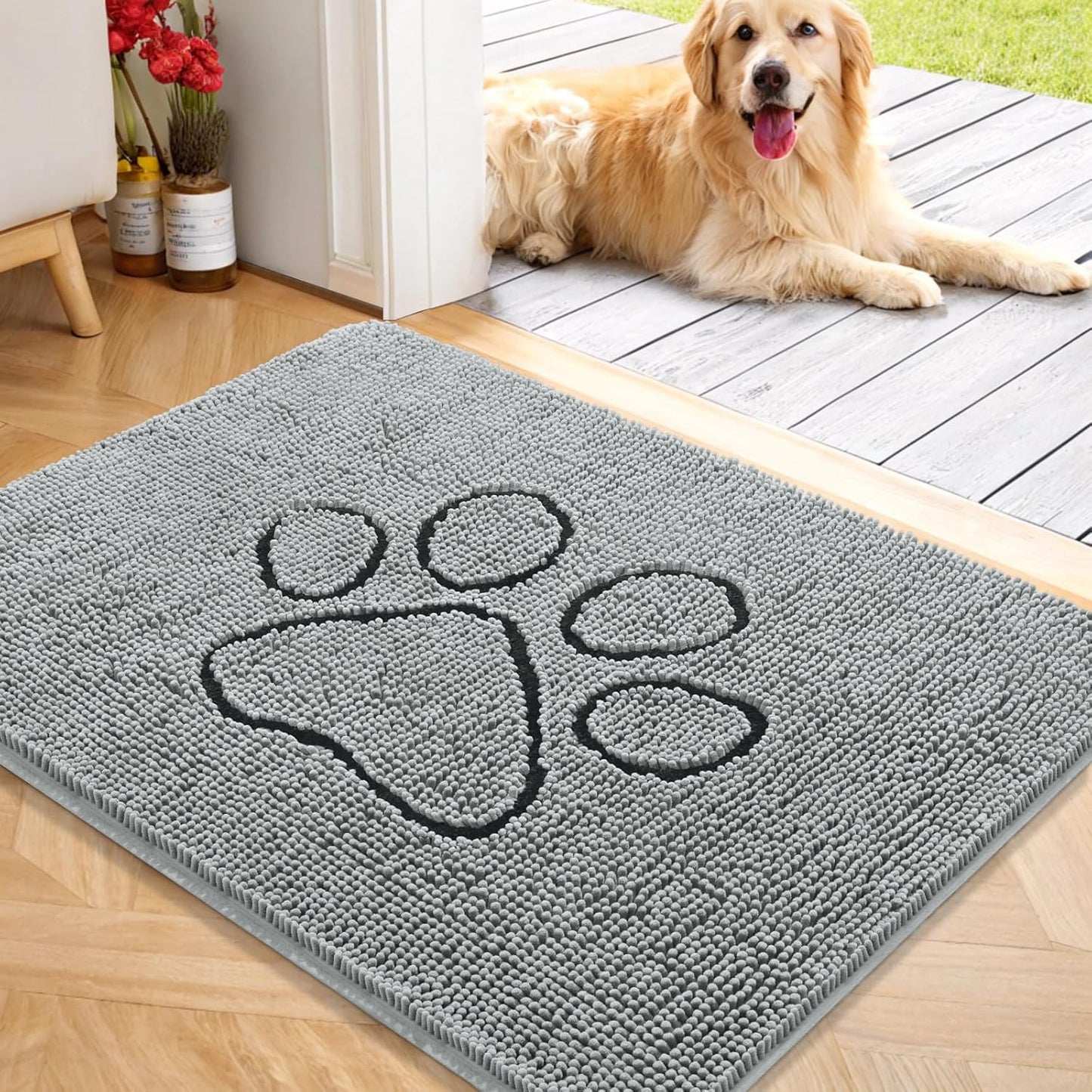 OLANLY Door Mat for Muddy Dog Paws 40x32, Ultra Absorbent Chenille Mud Doormat with Paw Print Design, Non-Slip Washable Doormat for Indoor Entryway, Quick-Dry Pet Bed Mats for Dirty Dogs, Grey