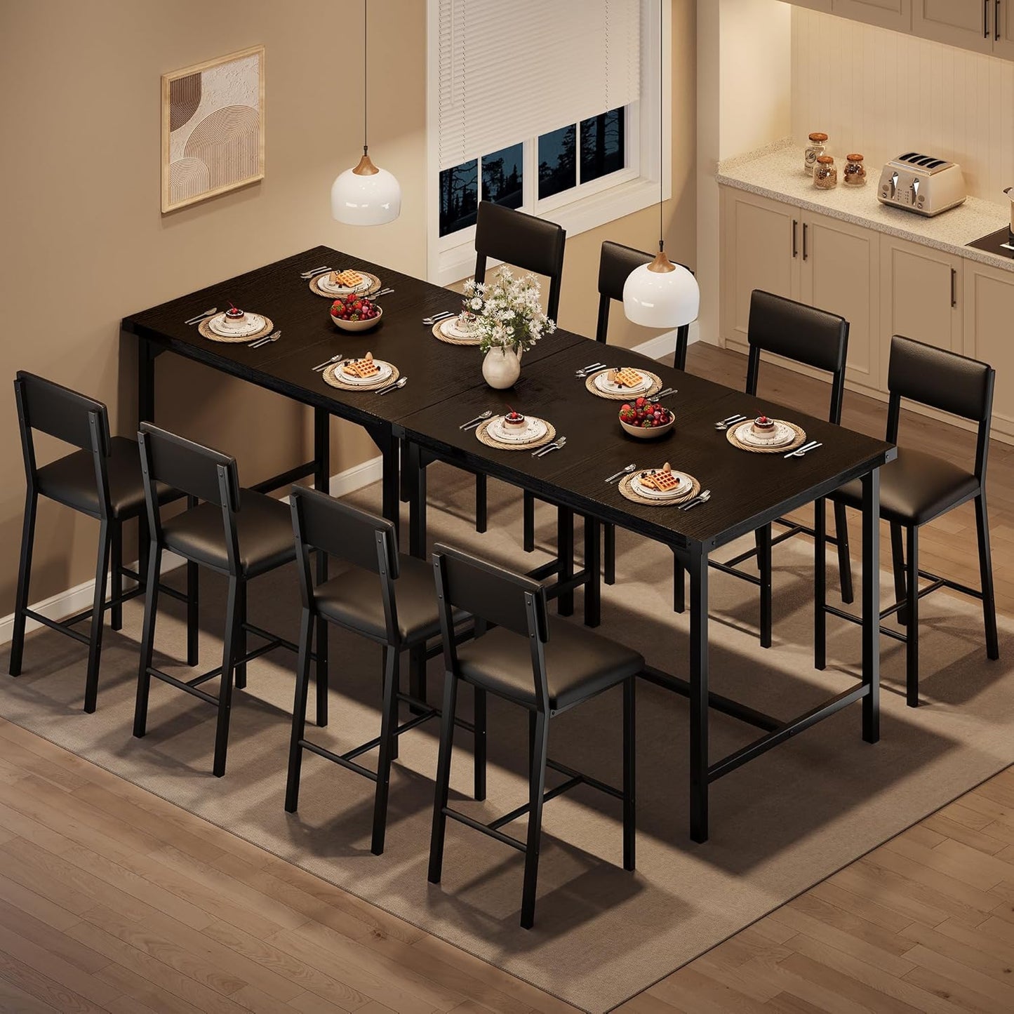 IDEALHOUSE Dining Table Set for 4 w/Footrest & Corner Protector, 5-Piece Kitchen Table Set with Counter Height Table & 4 Upholstered Bar Stools, for Kitchen Room, Apartment, Pub, Retro Black