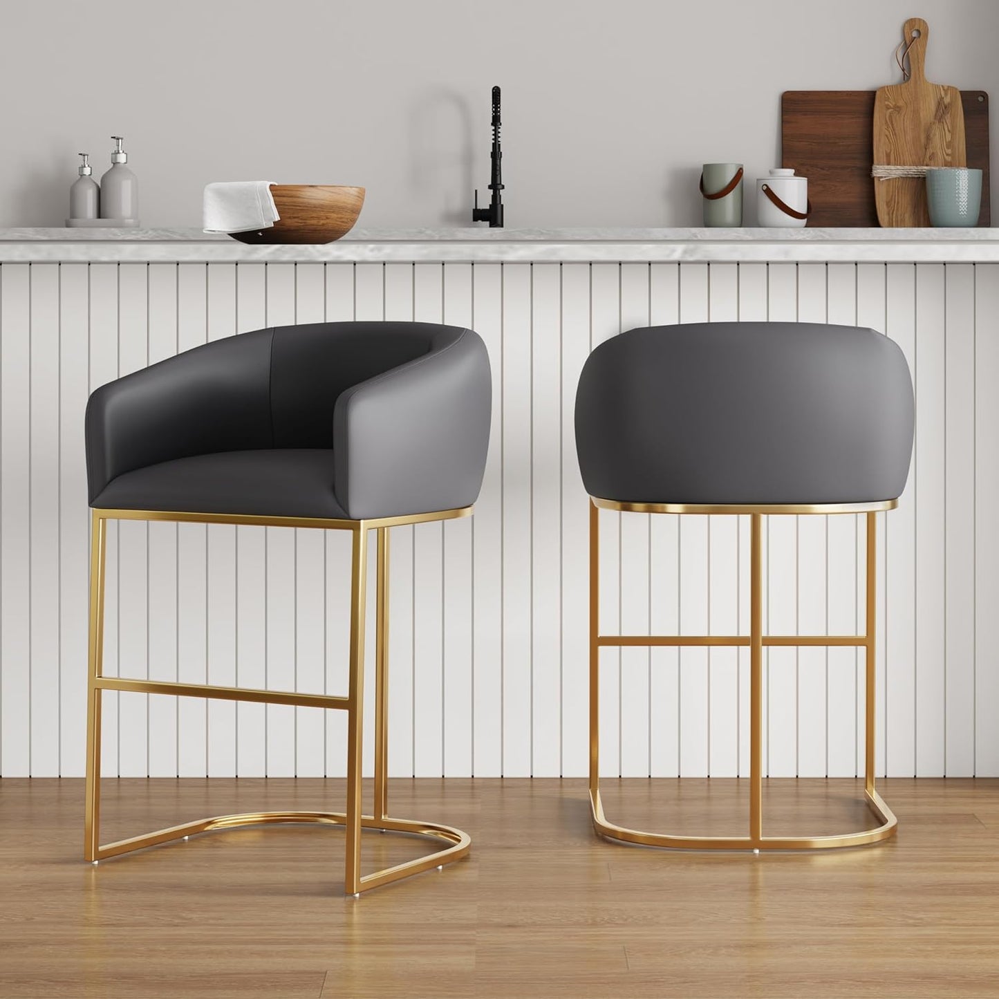 Manhattan Comfort Louvre 26 Inch Mid Century Modern Counter Height Bar Stools - Elegant Faux Leather Padded Seat, Stainless Steel Base with Footrest, Fully Assembled Barstools, Set of 2, Grey