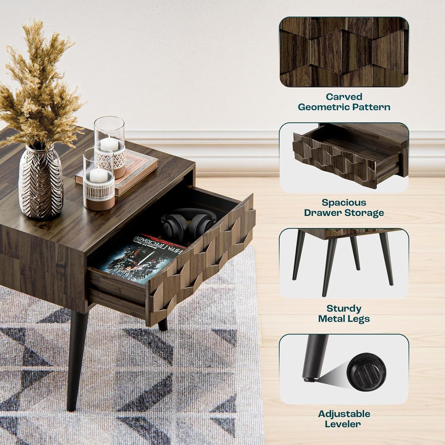 Bme Georgina Solid Wood Nightstand with Drawers, Pre-Assembled Rustic Nighstand with Geometric Pattern, Mid Century Modern Side Table for Living Room, Bedroom - Mocha