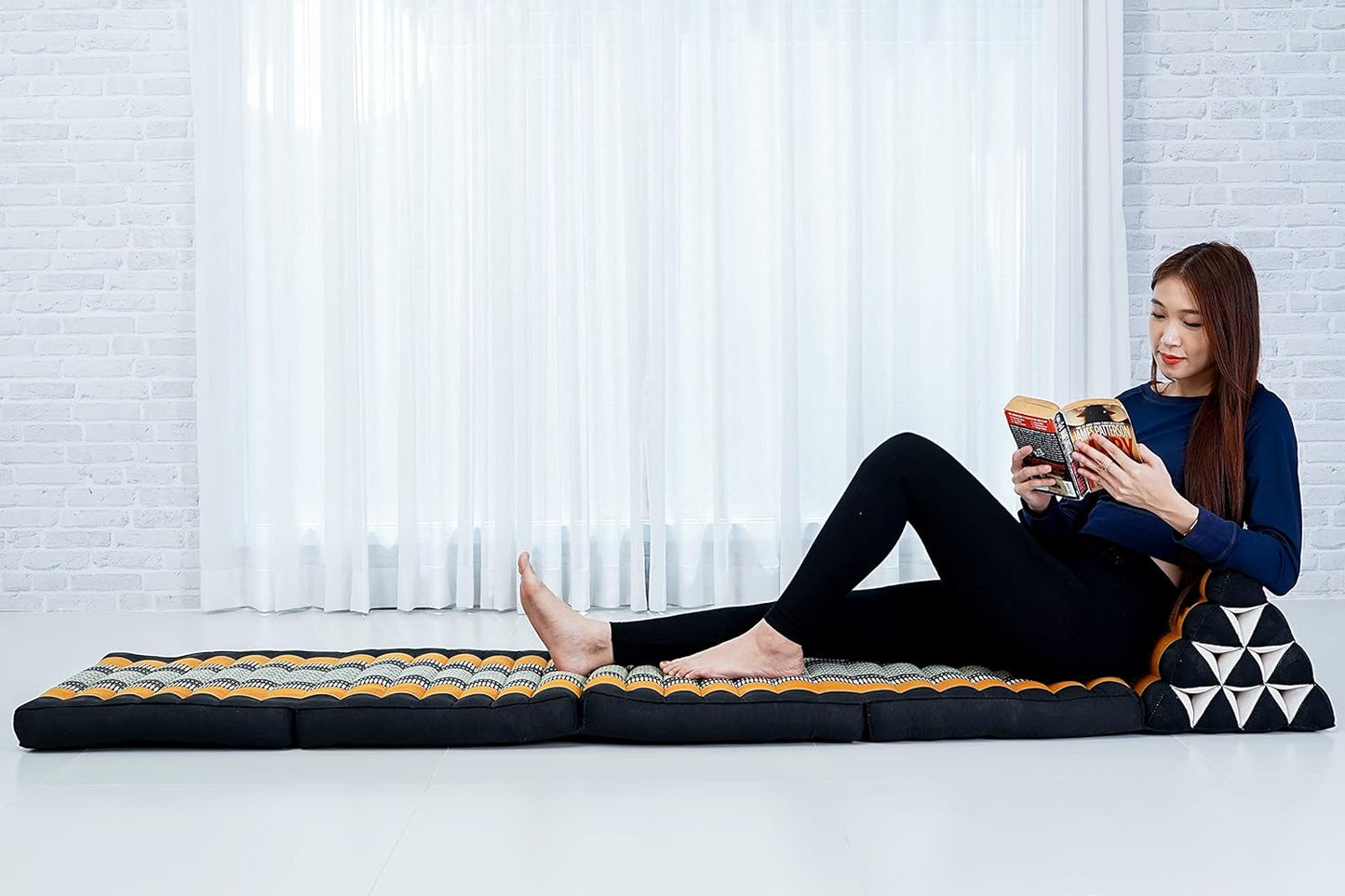 Leewadee Comfortable Japanese Floor Mattress - Thai Floor Bed with Triangle Cushion - Futon Mattress - XL Extra Long Thai Massage Mat, 89 x 20 inches, Black Orange, Kapok Filling