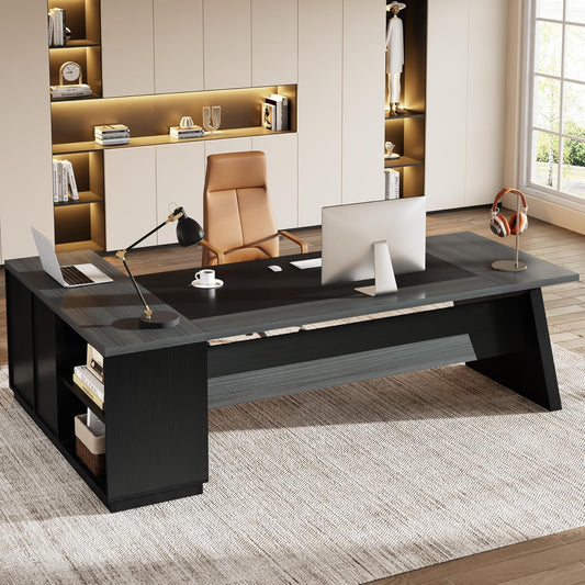 Tribesigns 78" L-Shaped Executive Desk, Large Modern Office Desk with Drawers and Lateral File Cabinet, Business Furniture with Storage Shelves, Big Computer Desk for Home Office (Grey + Blcak)