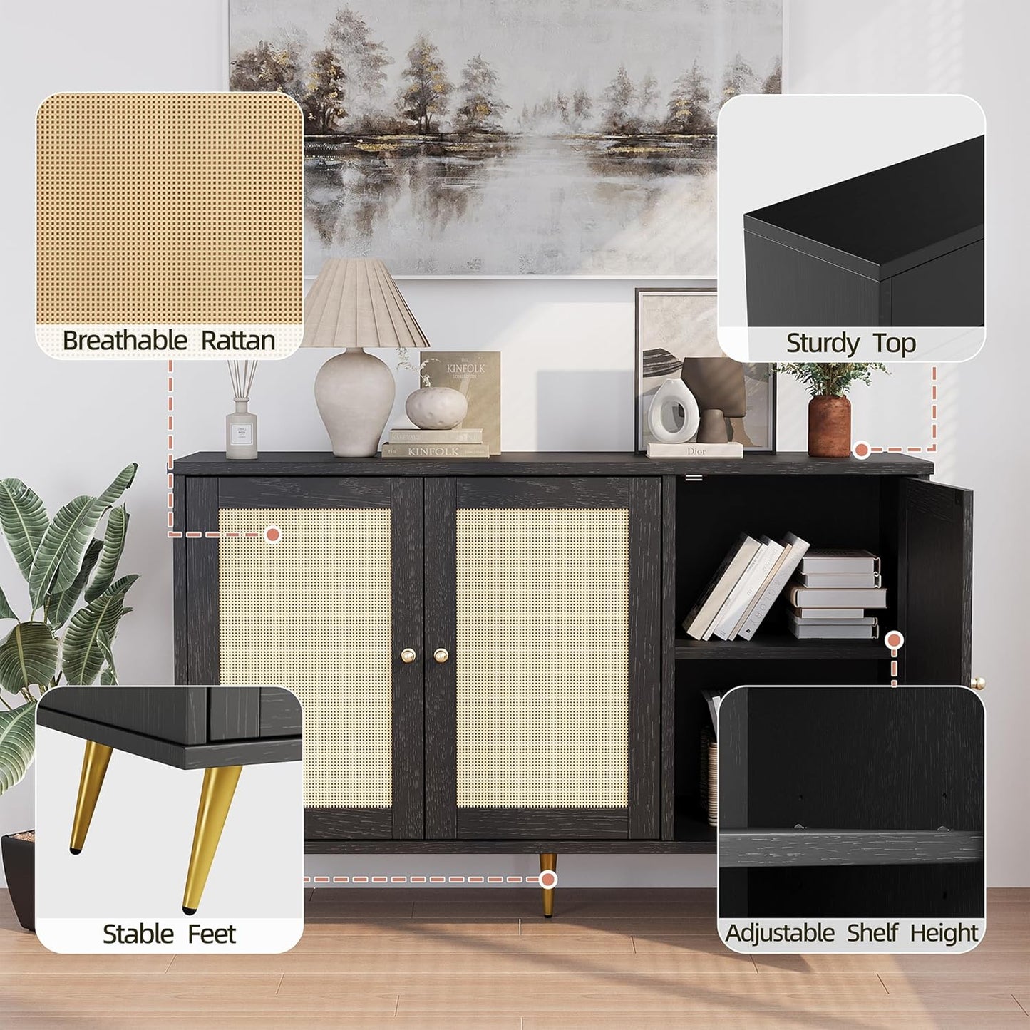 Shintenchi Large Rattan Storage Cabinet, Modern Sideboard Cabinet, Accent Large Storage Space Cabinet with Rattan Decorated Doors for Living Room, Dining Room, Black