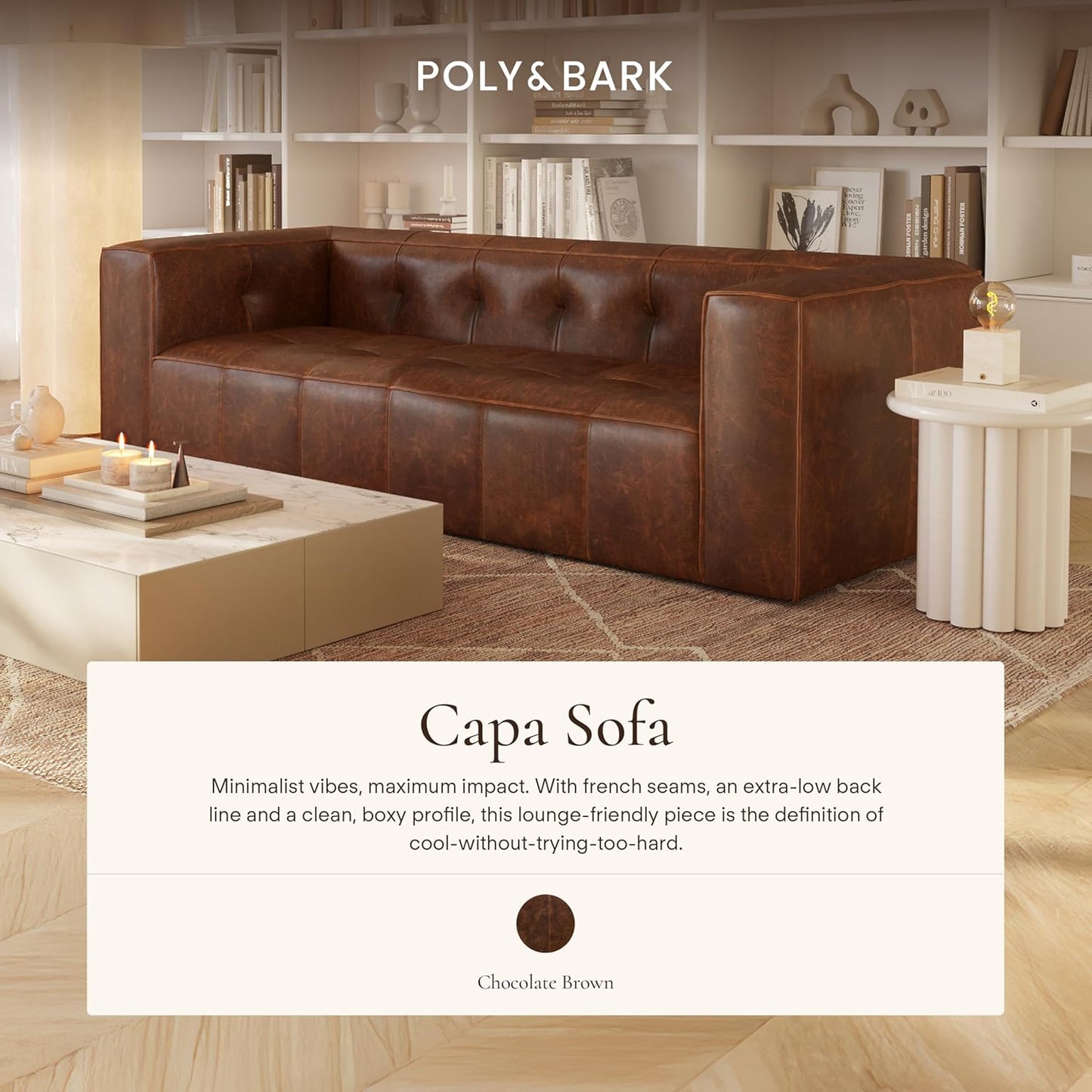 Poly & Bark Capa Leather Couch - 92 Inch Sofa - Pure-Aniline Leather Sofa for Living Room with French Seam Details - Living Room Couch - Full-Grain Vintage Italian Leather in Chocolate Brown