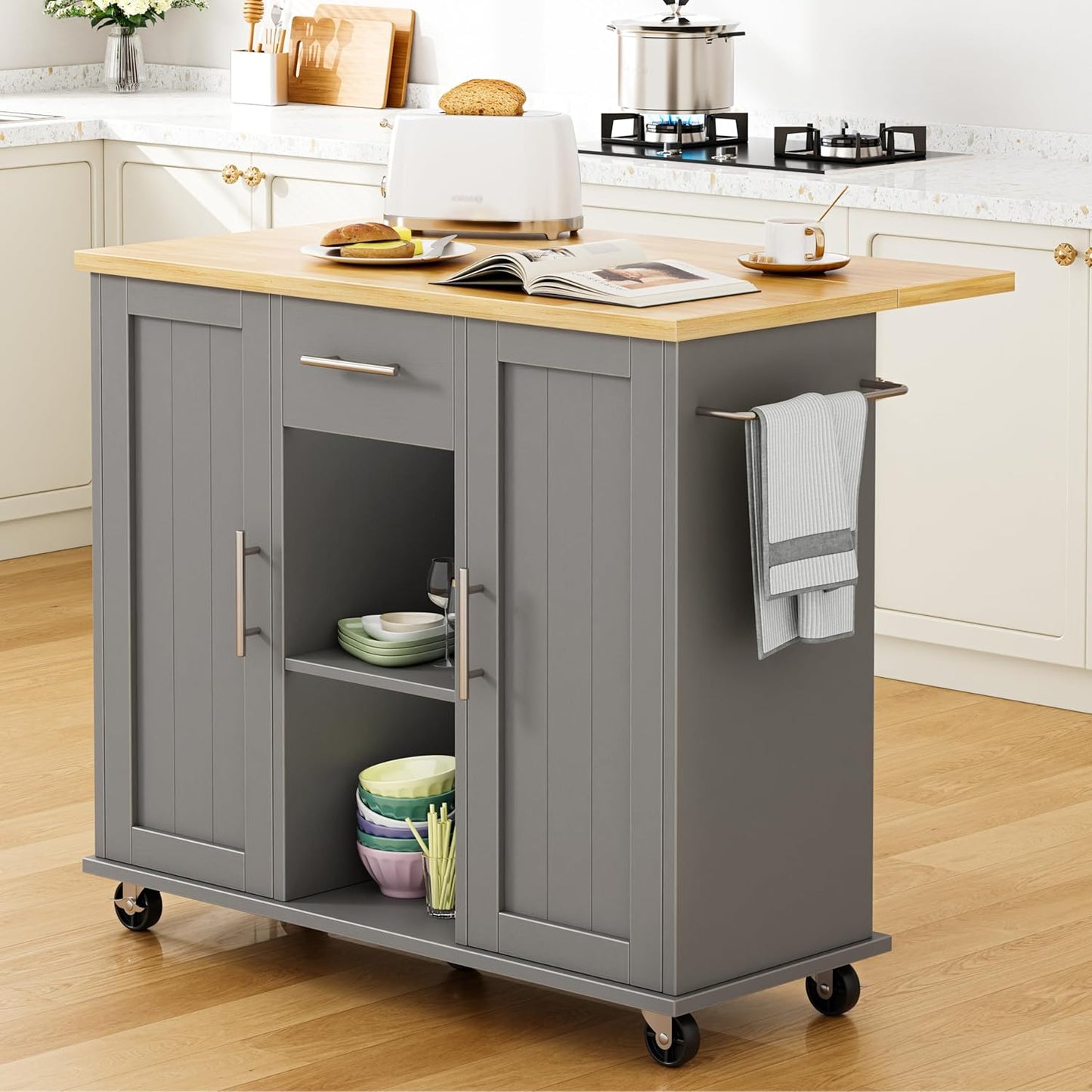 Shintenchi Kitchen Island with Storage, Bar Cart Cabinet Island Table on Wheels, Rolling Microwave Cart for Kitchen with Drop Leaf, Drawers, Towel Rack, Seating Area for Dining Room, Gray