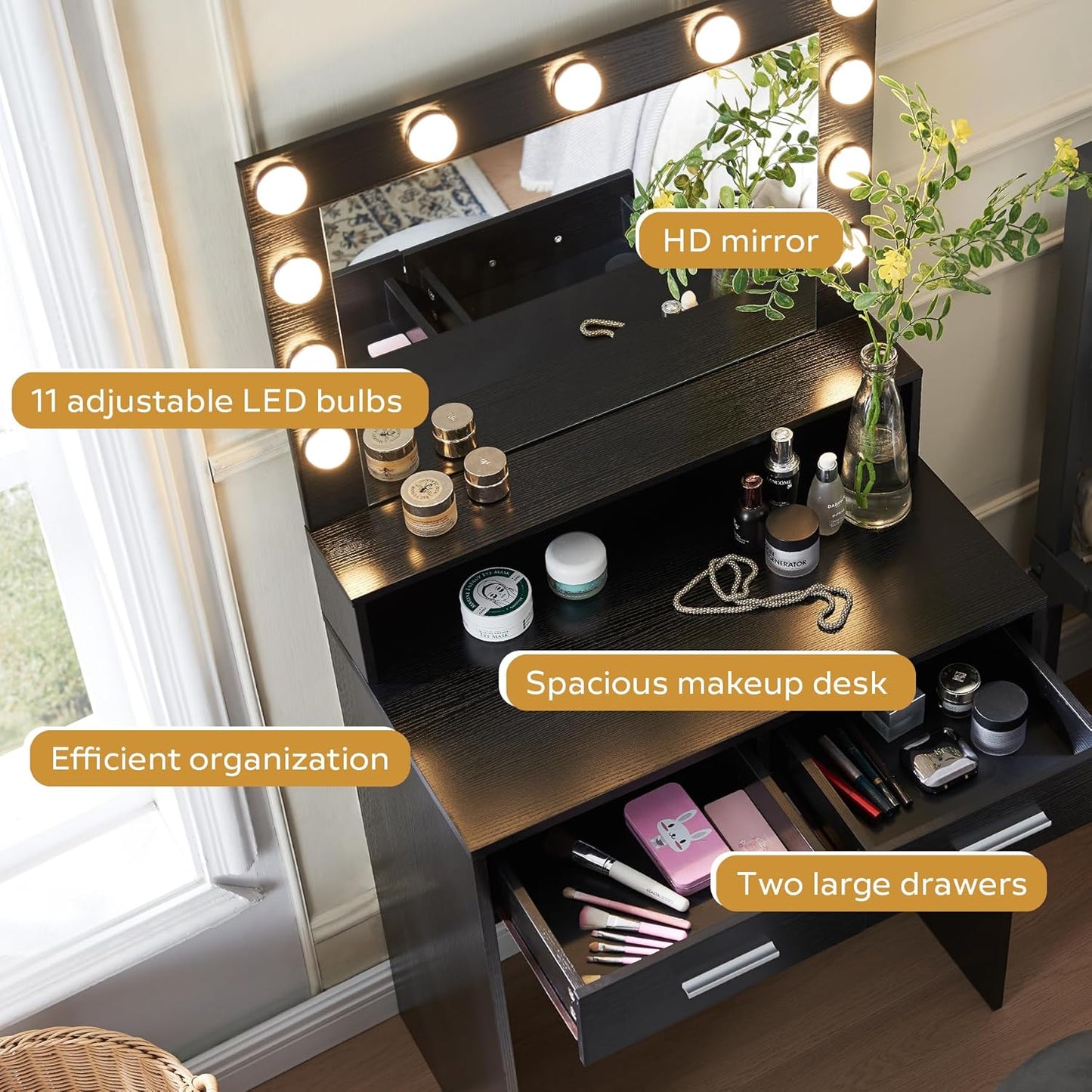 Vanity Desk with Mirror and Lights, Dressing Table with Large Drawer, 2 Level Storage Dresser & 3 Lighting Modes Adjustable Brightness, Suitable for Bedroom