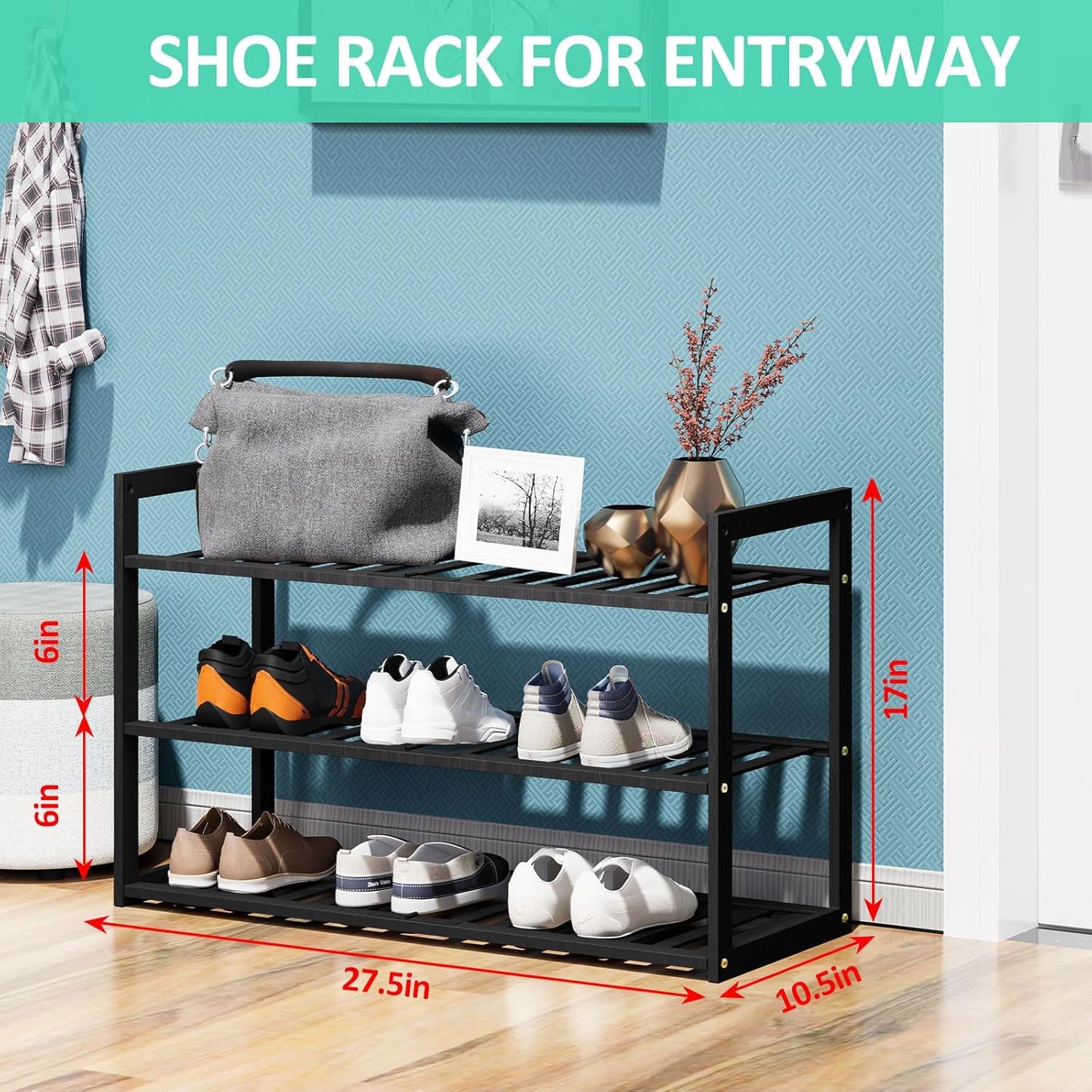 Bamboo Shoe Rack for Entryway, Stackable 3 Tier Shoe Organizer Shelf Storage 9-12 Pairs Shoes Stand Cubby for Closet Door Hallway Bedroom Garage Black, Thanksgiving