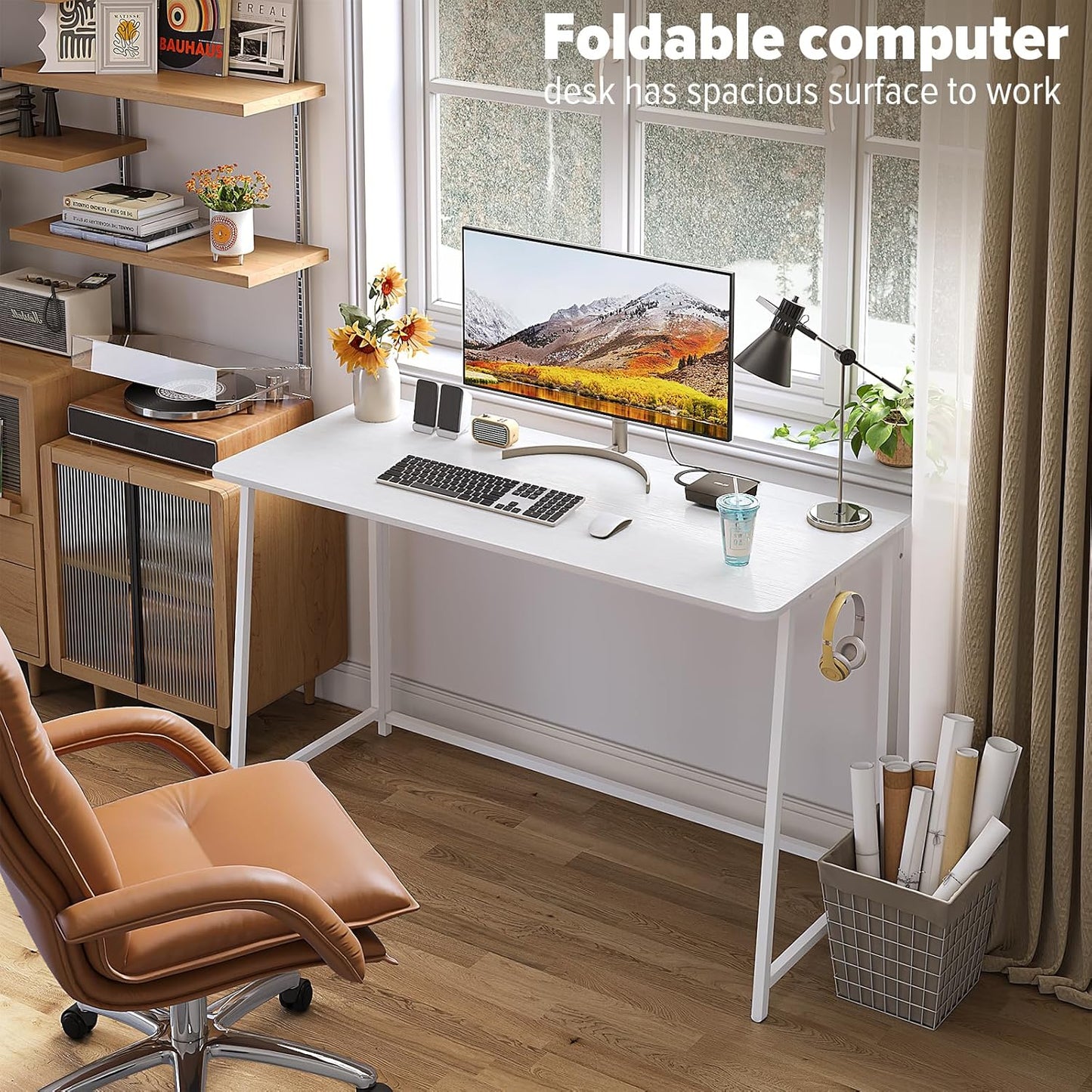 WOHOMO Folding Desk, 47.2" Foldable Computer Desk for Bedroom, Space Saving Computer Table Writing Workstation for Home Office, Easy Assembly, White