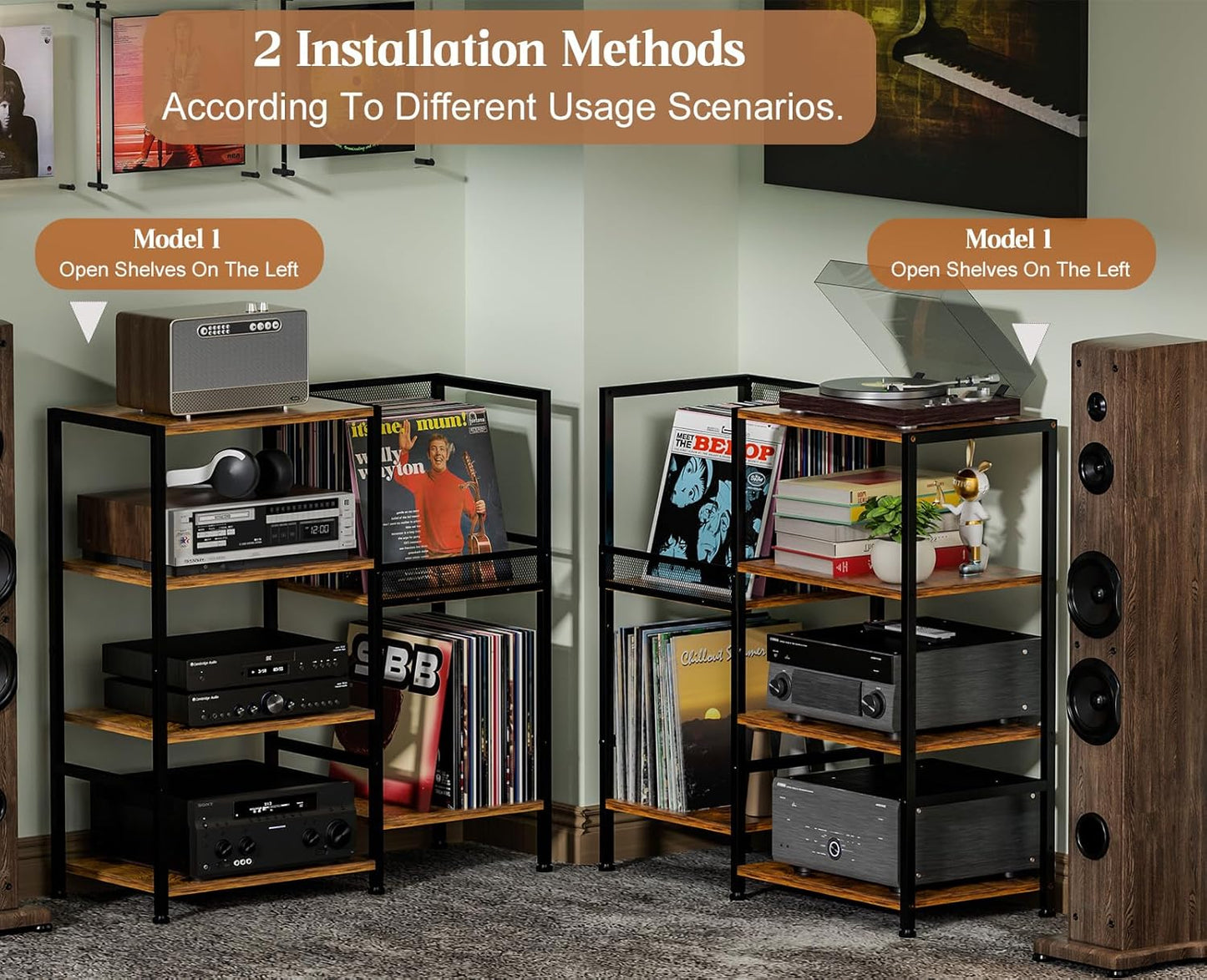 Record Player Stand Table with Vinyl Record Storage Holder-Up to 200+ Albums, Small Media Cabinet Console Table Stereo Stand Tower, Audio Video Shelving/Turntable Stand Shelf for Entertainment Center