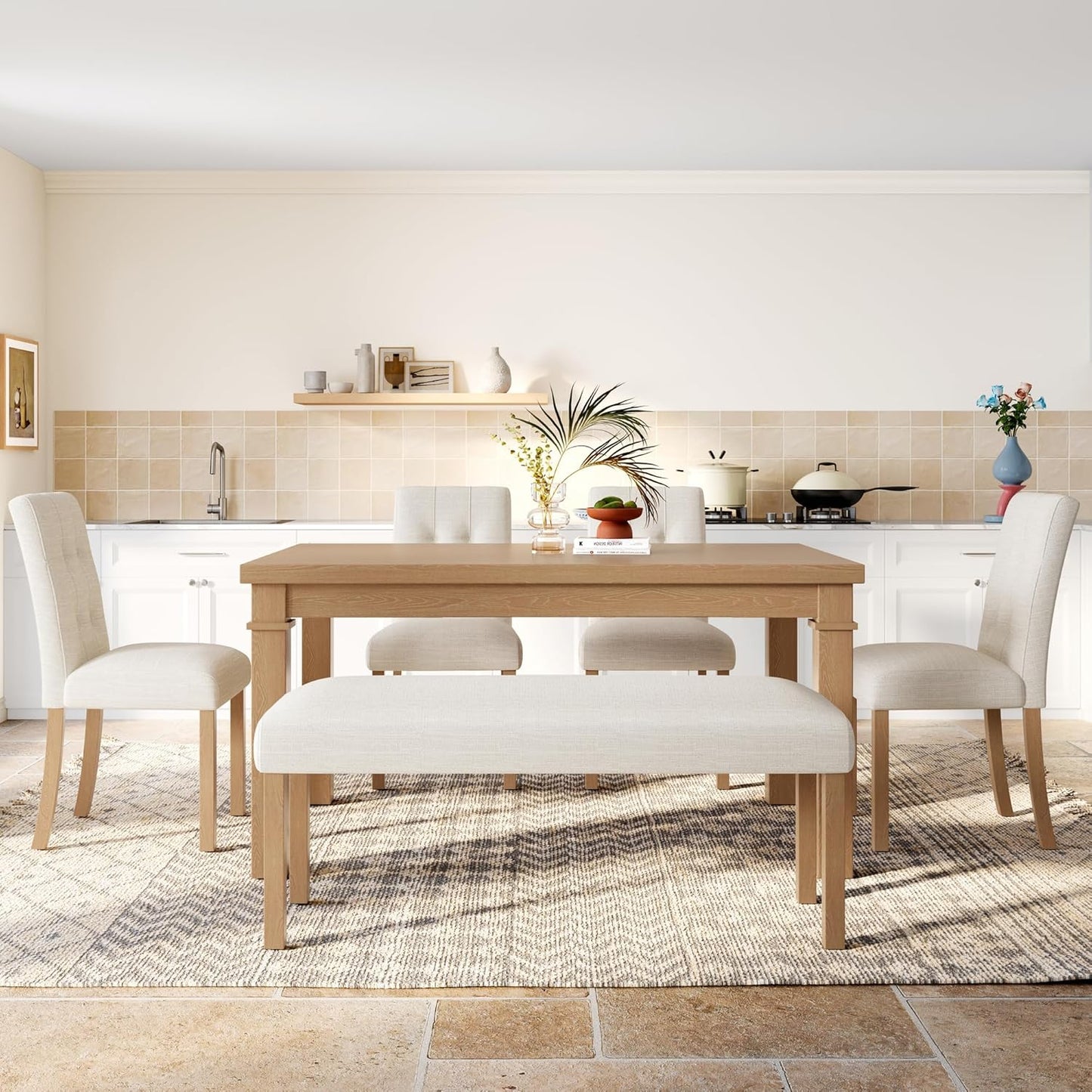 Ball & Cast Dining Table Set for 6 W/Bench & 4 Upholstered Chairs,6 Piece Dining Set W/ 60" Rectangle Kitchen Table & Anti-Scratch Pads,Table and Chairs Set for Living Room,Dining Room,Natural