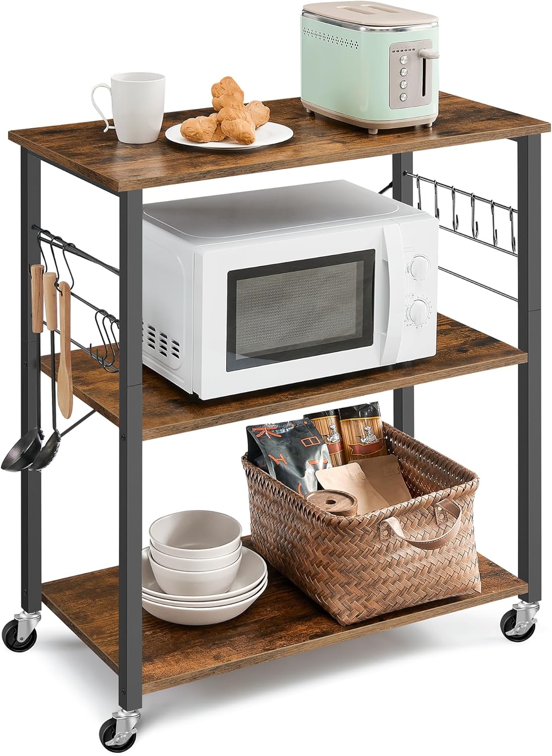 VASAGLE Kitchen Shelf on Wheels, Serving Cart with 3 Shelves, Kitchen Cart, Microwave Shelf, for Mini Oven, Toaster, with 6 Hooks, Industrial Style, Rustic Brown and Black UKKS067K01