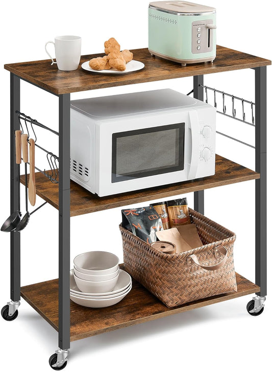VASAGLE Kitchen Shelf on Wheels, Serving Cart with 3 Shelves, Kitchen Cart, Microwave Shelf, for Mini Oven, Toaster, with 6 Hooks, Industrial Style, Rustic Brown and Black UKKS067K01