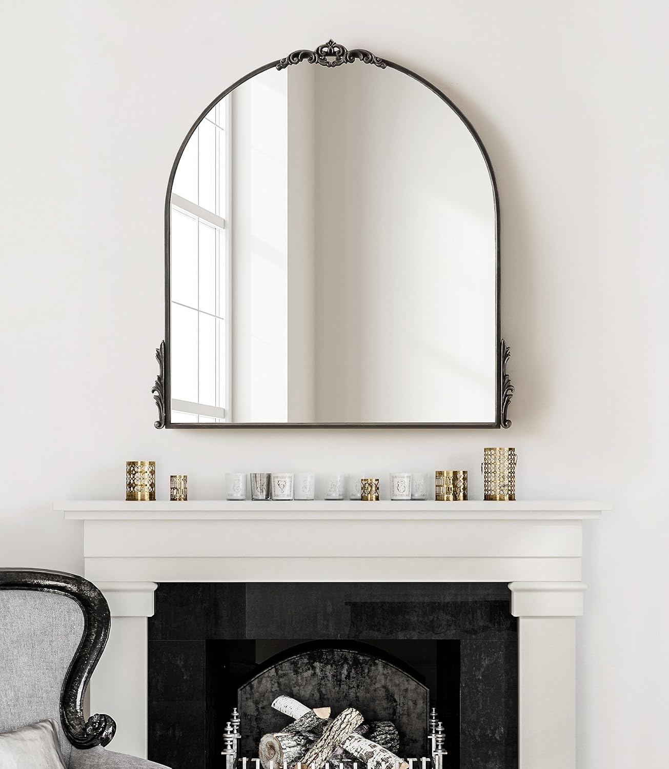 Kate and Laurel Myrcelle Traditional Arched Mirror; 30 x 32; Black; Decorative Large Arch Mirror with Ornate Garland Detailing Along The Crown and Edges of The Frame
