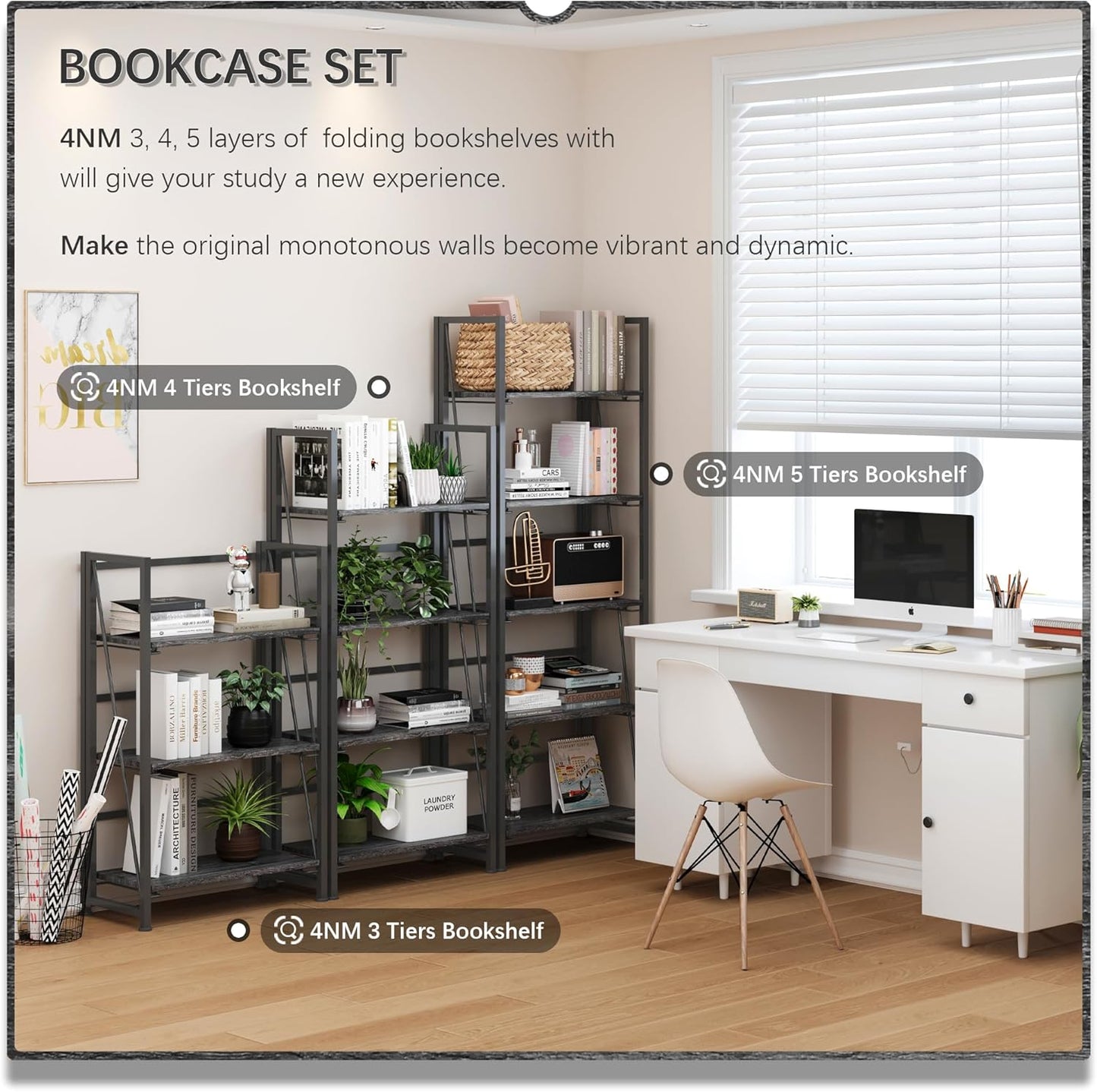 4NM No Assembly Folding Bookshelf, 5-Shelf 62.2" H Collapsible Foldable Bookcase Storage for Small Spaces, Gray and Black