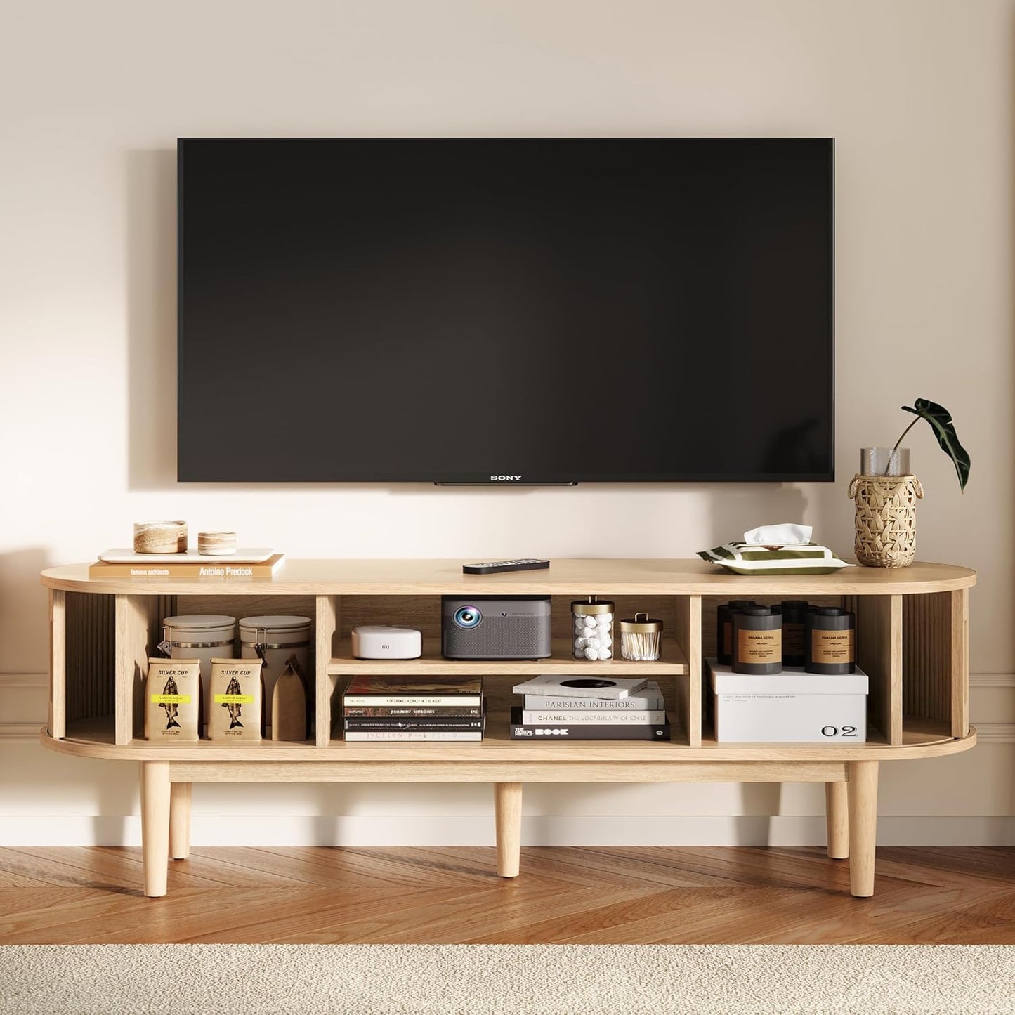 LINSY 58" Fluted TV Stand, Modern Entertainment Center for TVs Up to 65 inches, TV Console with Sliding Doors, Curved Profile Design, Media Console for Living Room, Light Wood