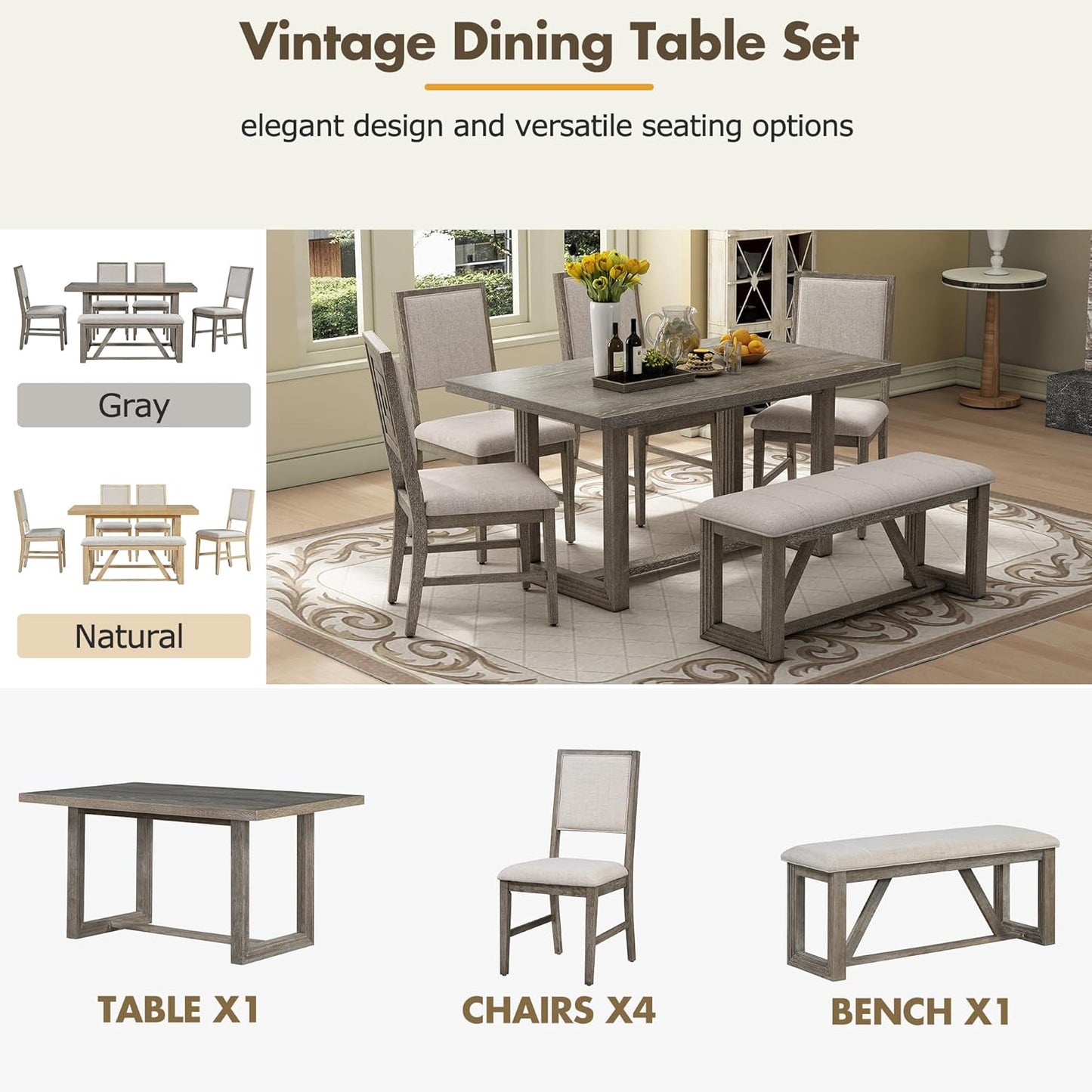 Ball & Cast 6-Piece Dining Table Set for 6 People, 60" Wood Dining Kitchen Table & Chairs Set, Dining Room Table with Upholstered Chairs and 1 Bench, Perfect for Dining Room, Kitchen, Gray