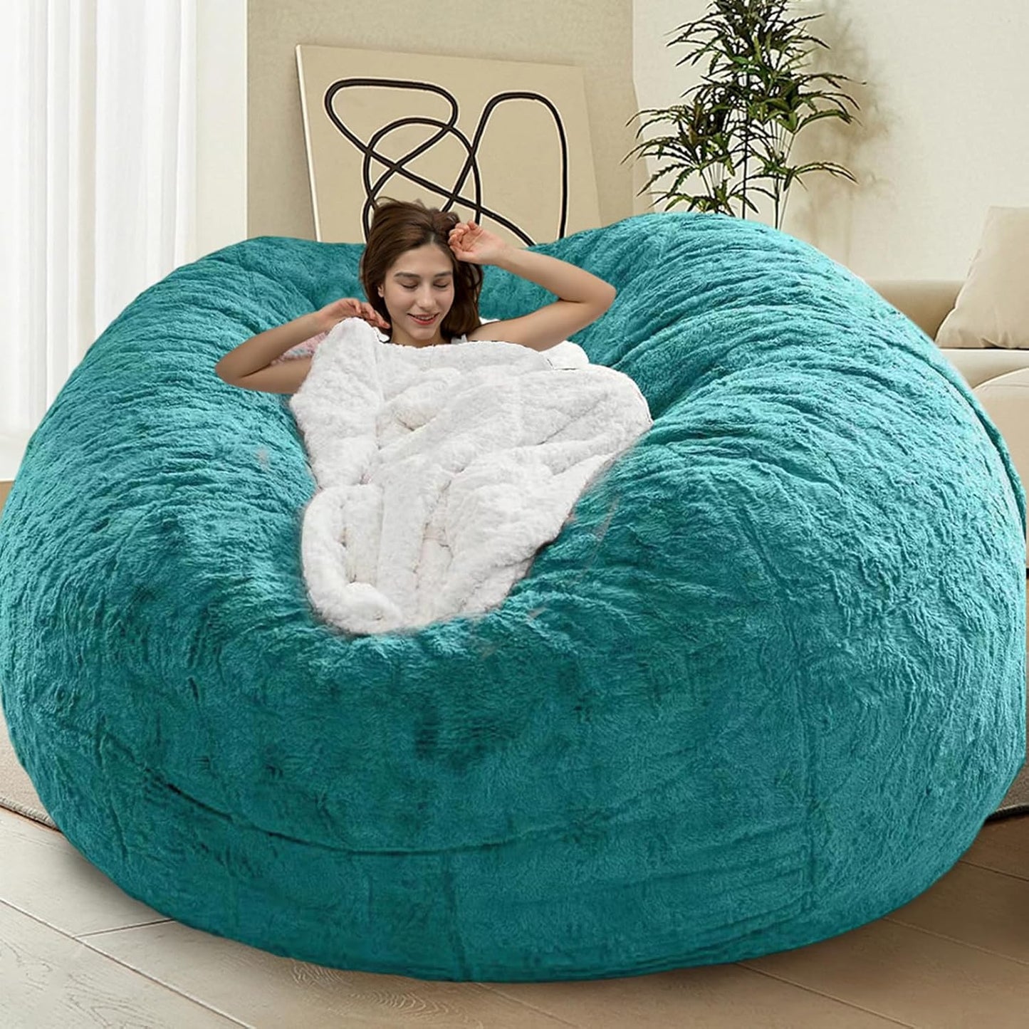 Bean Bag Chairs for Kids Comfy Fluffy Big Joe Bean Bag Chair Cover Without Filler Round Sofa Chairs for Bedroom Living Room Decor, 5FT, Peacock Green