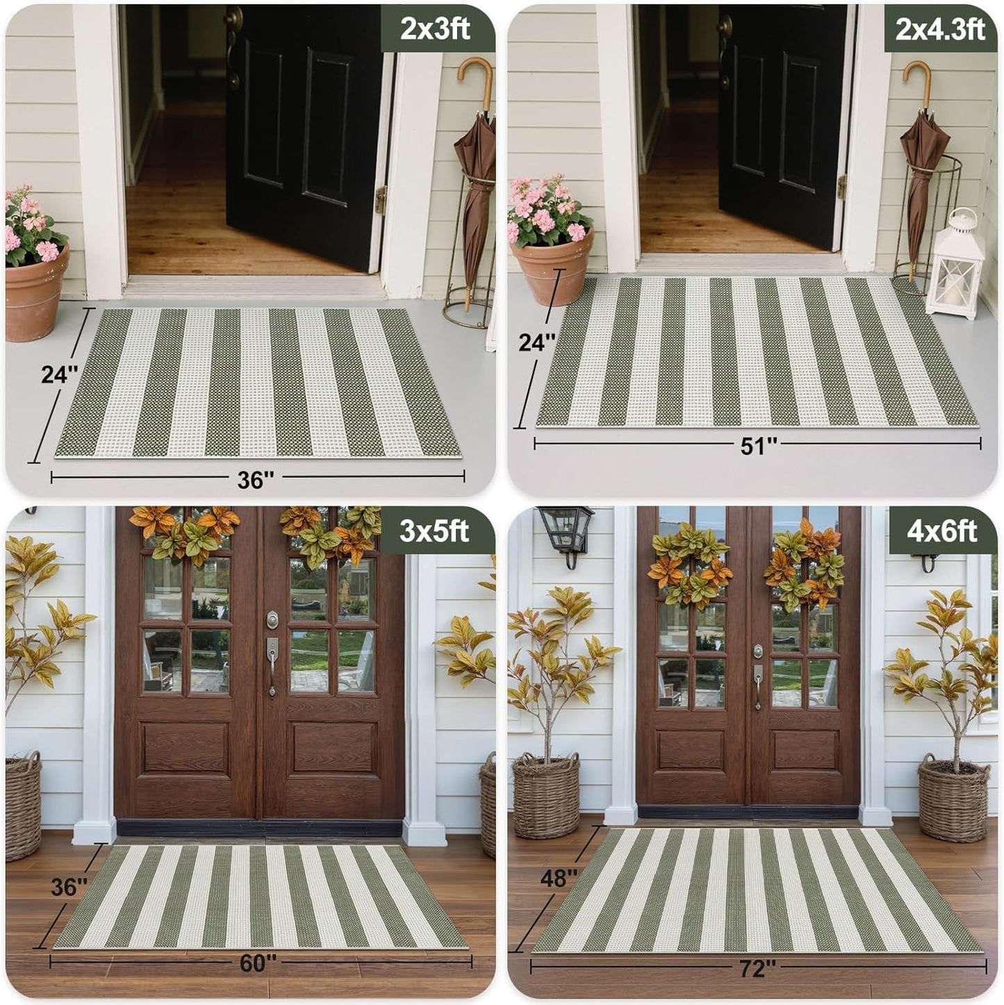 OJIA Striped Rug 24"x51" Washable Fall Front Door Mat Halloween Doormat Woven Entry Rug Cotton Indoor Outdoor Rug Small Checkered Rugs for Porch Kitchen Entryway Patio Bathroom (Green/White/Tan)