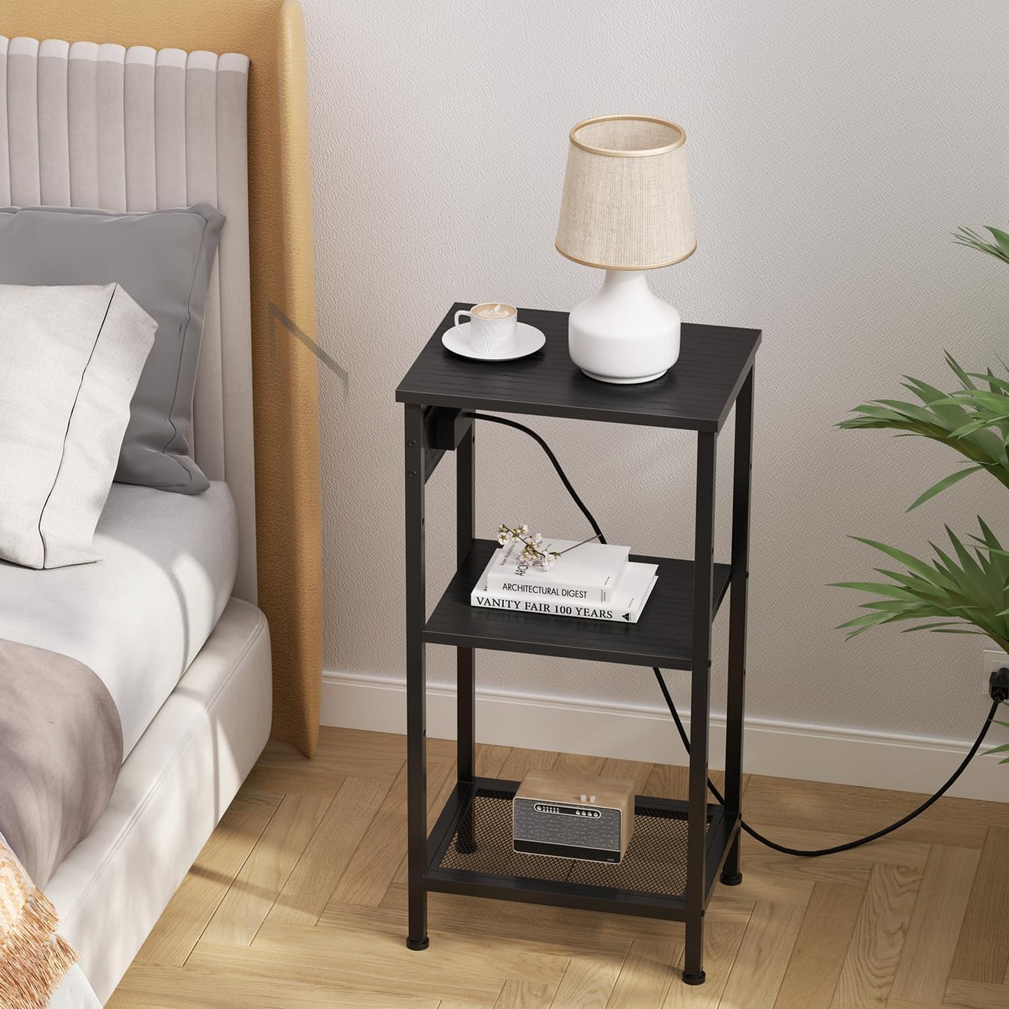 Tall End Table with Fast Charging Station, 3 Tier Narrow Side Table with Outlets and USB Ports & Type-C, Tall Nightstand with Storage, Bedside Table Stand for Living Room, Bedroom, Black