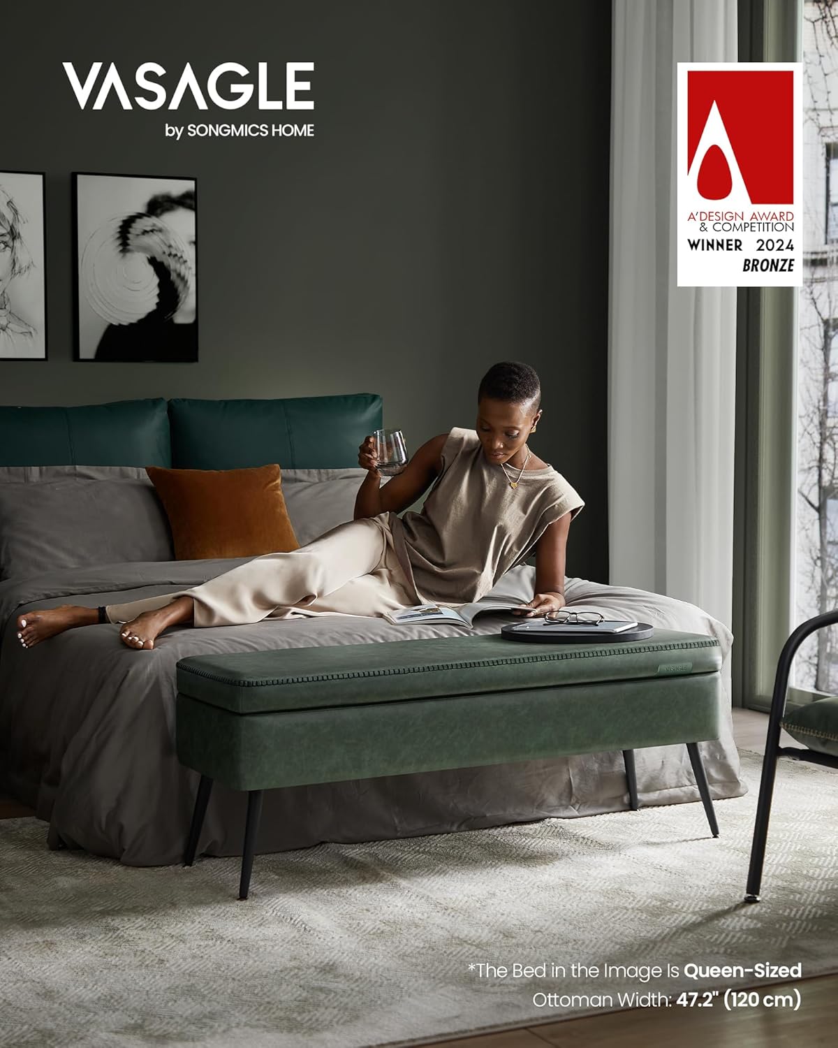 VASAGLE EKHO Collection - Storage Ottoman Bench, Entryway Bedroom Bench, 15 Gallons, Synthetic Leather with Stitching, Mid-Century Modern, Safety Hinges, Loads 660 lb, Forest Green ULOM074C01