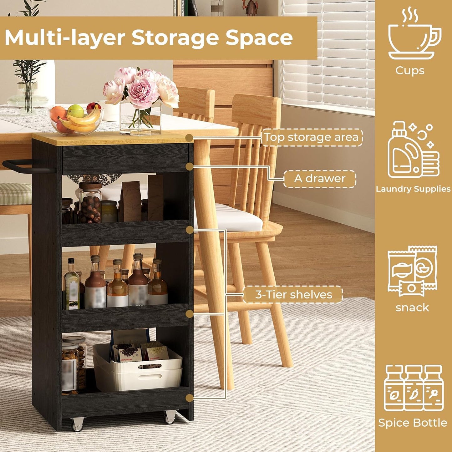 IRONCK Wood Storage Cart, 4 Tier Rolling Kitchen Cart on Wheels, Slide Out Utility Cart, Organizer Trolley with Handle, Drawer for Kitchen, Laundry, Bathroom, Black