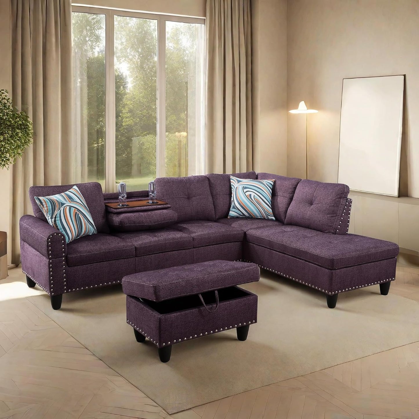 L Shaped Sectional Sofa with Ottoman, Nail-Head Design Linen Right Facing Modern Couches with Cup Holder for Living Room, Bedroom, Office, Purple