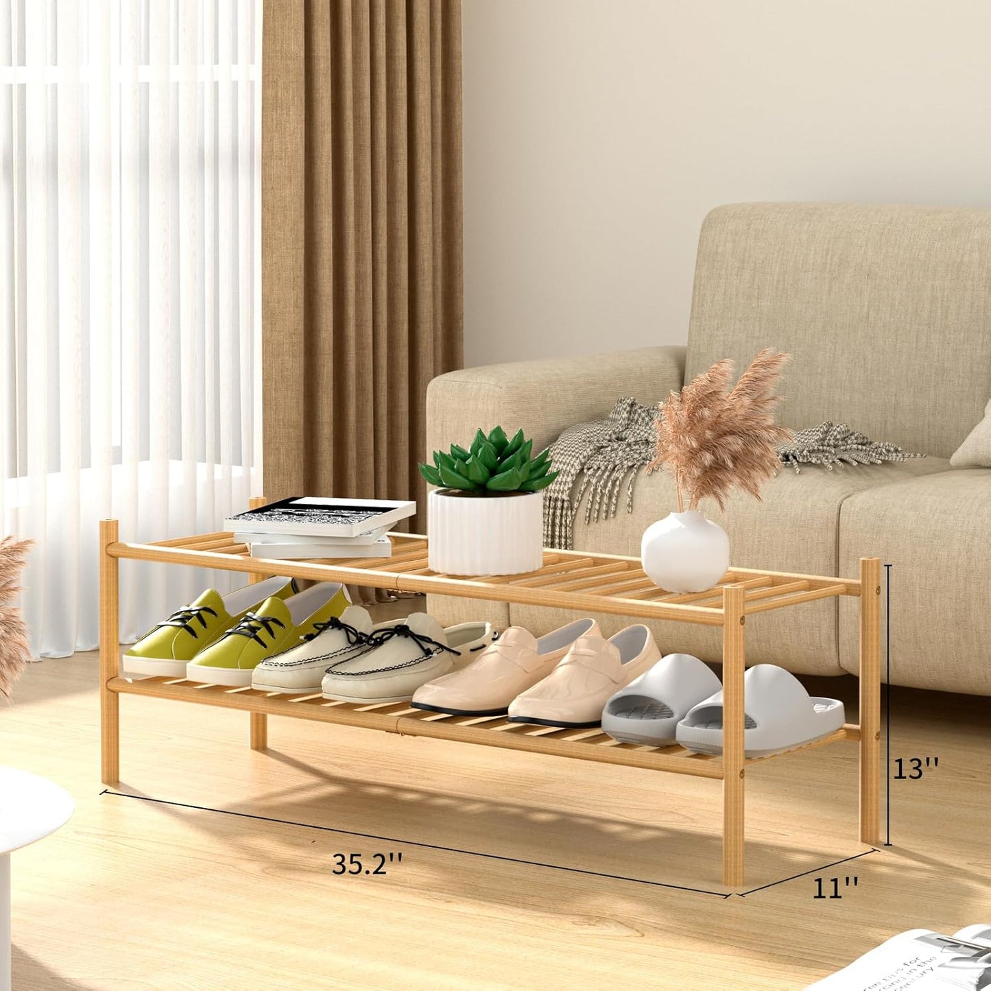 2-Tier Bamboo Long Shoe Rack, Free Standing Wood Shoe Shelf Storage Organizer for Closet Entryway Stackable 35"x11"x13" (Natural)