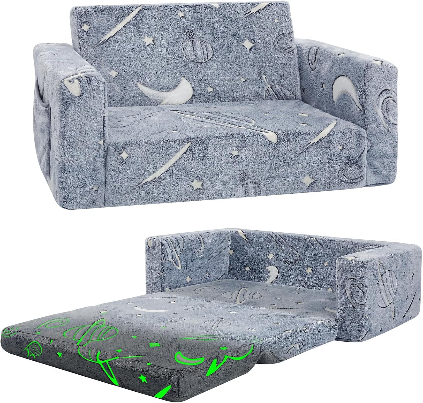 Toddler Couch,Toddler Chair, 2-in-1 Baby Seat Furniture Fold Out, Convertible Sofa to Lounger Soft Comfy Glow in The Dark Kids Sofa Bed Gifts for Kids Girl Boys,Star,Large
