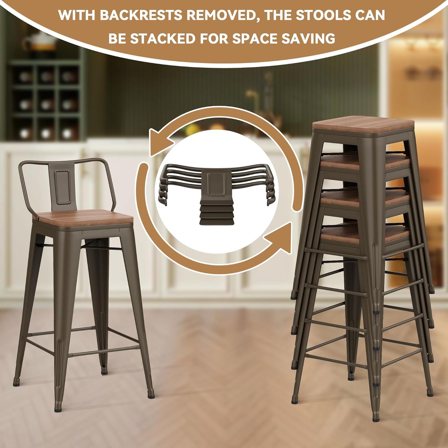 30 Inch Swivel Bar Stools Set of 4 with Backs Counter Height Industrial Metal Barstools Island Bar Chairs for Home Kitchen Dining Room (Swivel 30 inch,Rusty Wooden)