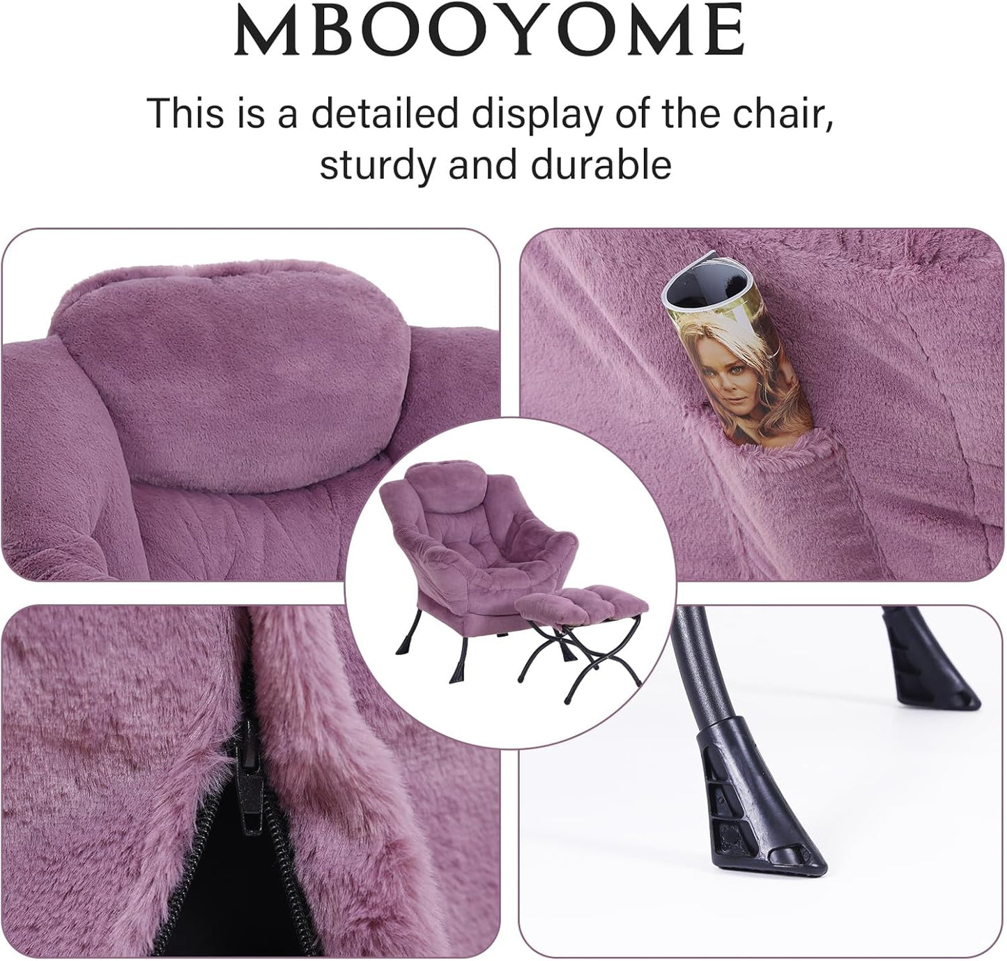 Lazy Chair with Folding Ottoman, Modern Accent Lounge Armchair with Armrests and a Side Pocket & Foldable Footstool, Leisure Reading Chair for Living Room, Bedroom, Dorm & Office, Plush Purpl