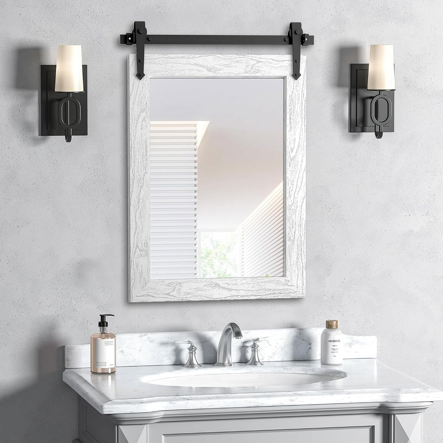 Bathroom Mirror for Over Sink 18”x24” Farmhouse Barn Door Mirror Rustic Wood Framed Wall Mirror for Bathroom, Bedroom, Entryway (White