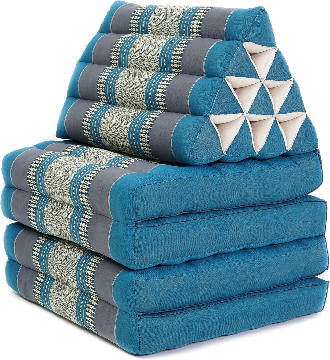 Leewadee Comfortable Japanese Floor Mattress - Thai Floor Bed with Triangle Cushion - Futon Mattress - XL Extra Long Thai Massage Mat, 89 x 20 inches, Light Blue, Kapok Filling