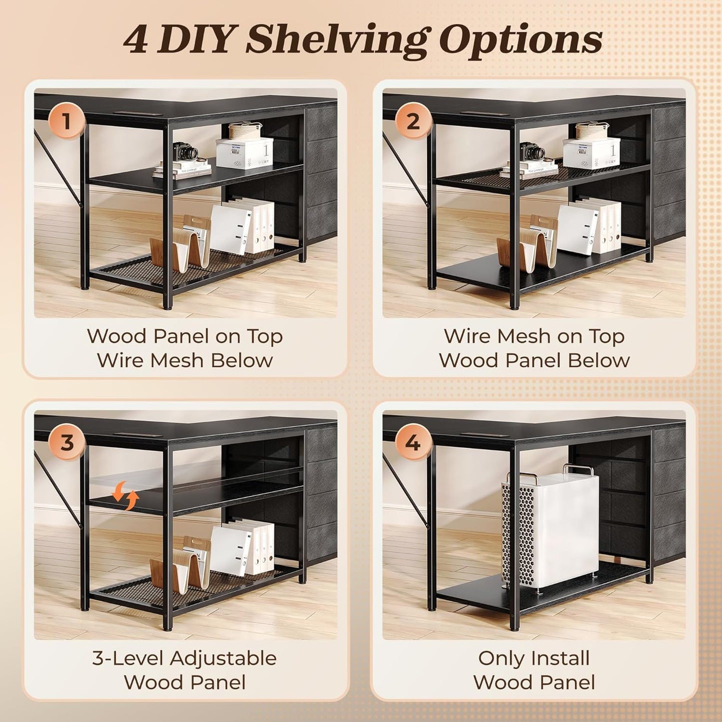 PRAISUN 61" L Shaped Desk with Power Outlets and USB-C Port, Reversible Computer Corner Office Desk with 4 Fabric Drawers and 2 Height-Adjustable Shelves, Large for Gaming Writing Work Study，Black