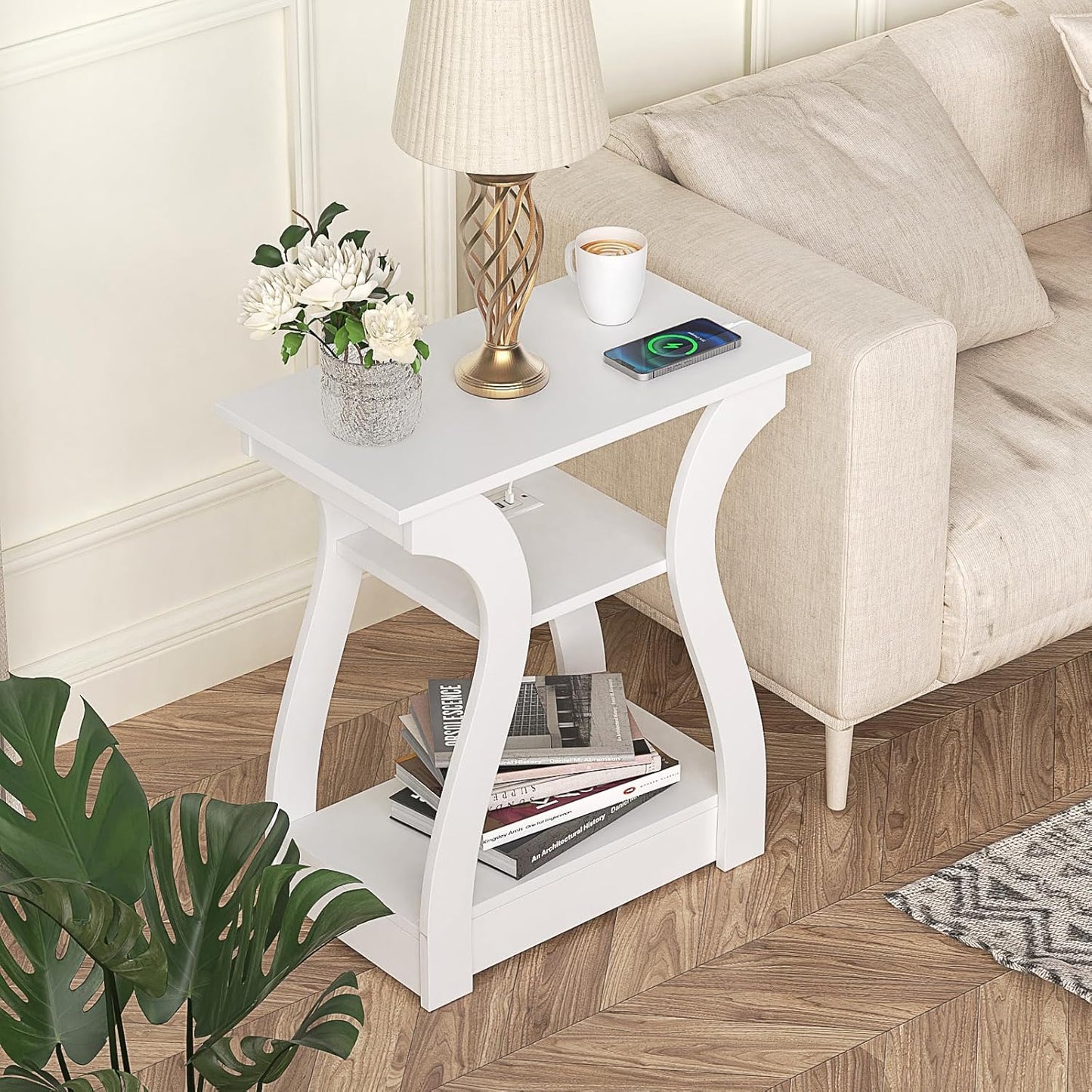 End Tables Living Room Set of 2,End White Table with Charging Station, Side Table, Nightstand for Bedroom, 3 Tier End Table with Storage Shelf for Living Room White