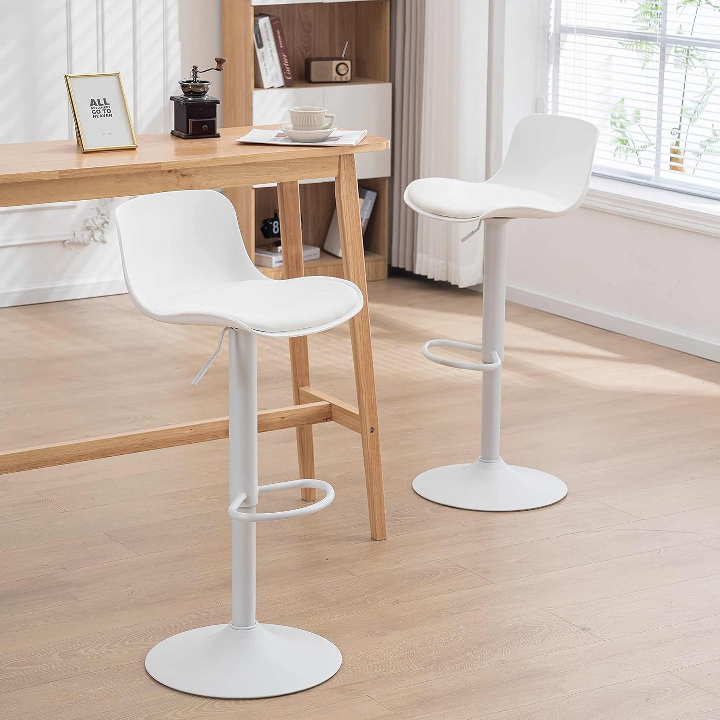 YOUTASTE White Bar Stools Set of 2 Adjustable Counter Height Bar Stool PU Leather Metal Barstools with Back Swivel High Top Bar Chairs Home Kitchen