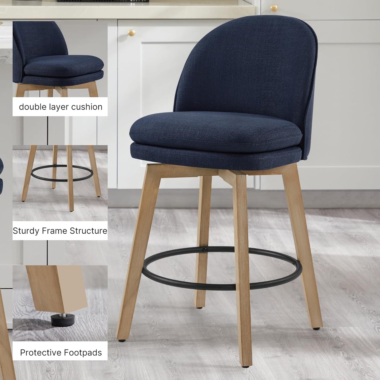 Counter Height Barstools 26 inch Upholstered Swivel Bar Stools with Back and Wood Legs for Kitchen Island,Set of 1,Blue Fabric-Armless