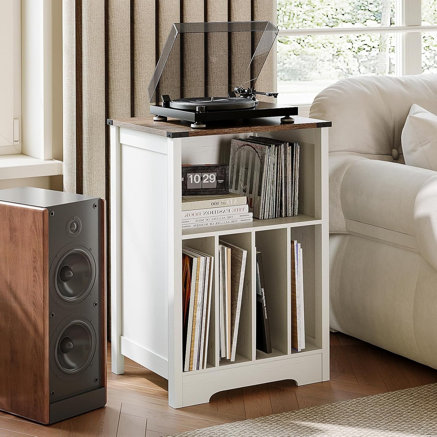 ChooChoo Record Player Stand, Vinyl Record Storage Cabinet, Turntable Stand Holds up to 160 Albums, Record Player Table Display Shelf for Living Room, Bedroom, Office, Rustic White