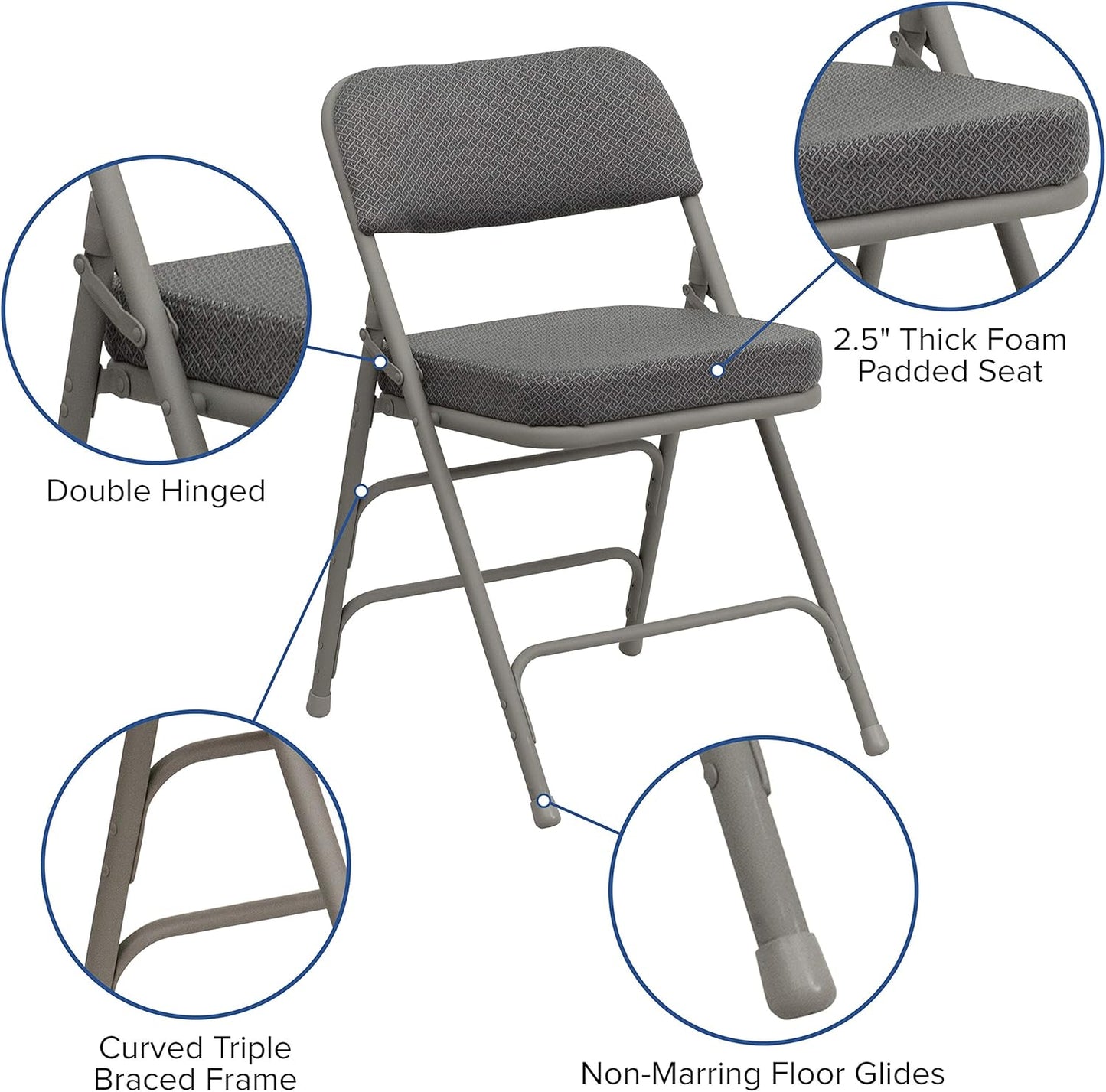 Flash Furniture Hercules Series Metal Folding Chairs with Cushioned Seat, Fabric Upholstered Event Chairs with 300-lb. Static Weight Capacity, Set of 4, Gray