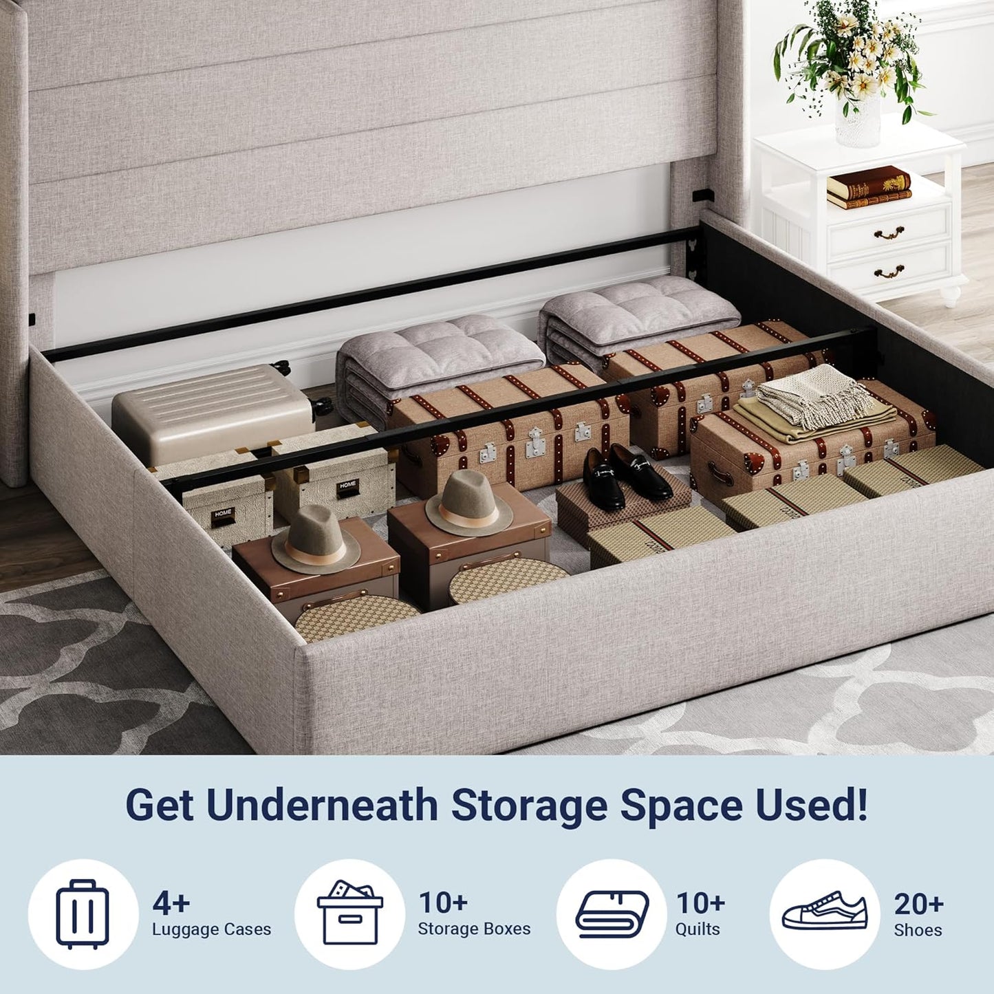 Allewie King Size Lift Up Storage Bed, Modern Wingback Headboard, Hydraulic Support, No Box Spring Needed, Light Beige