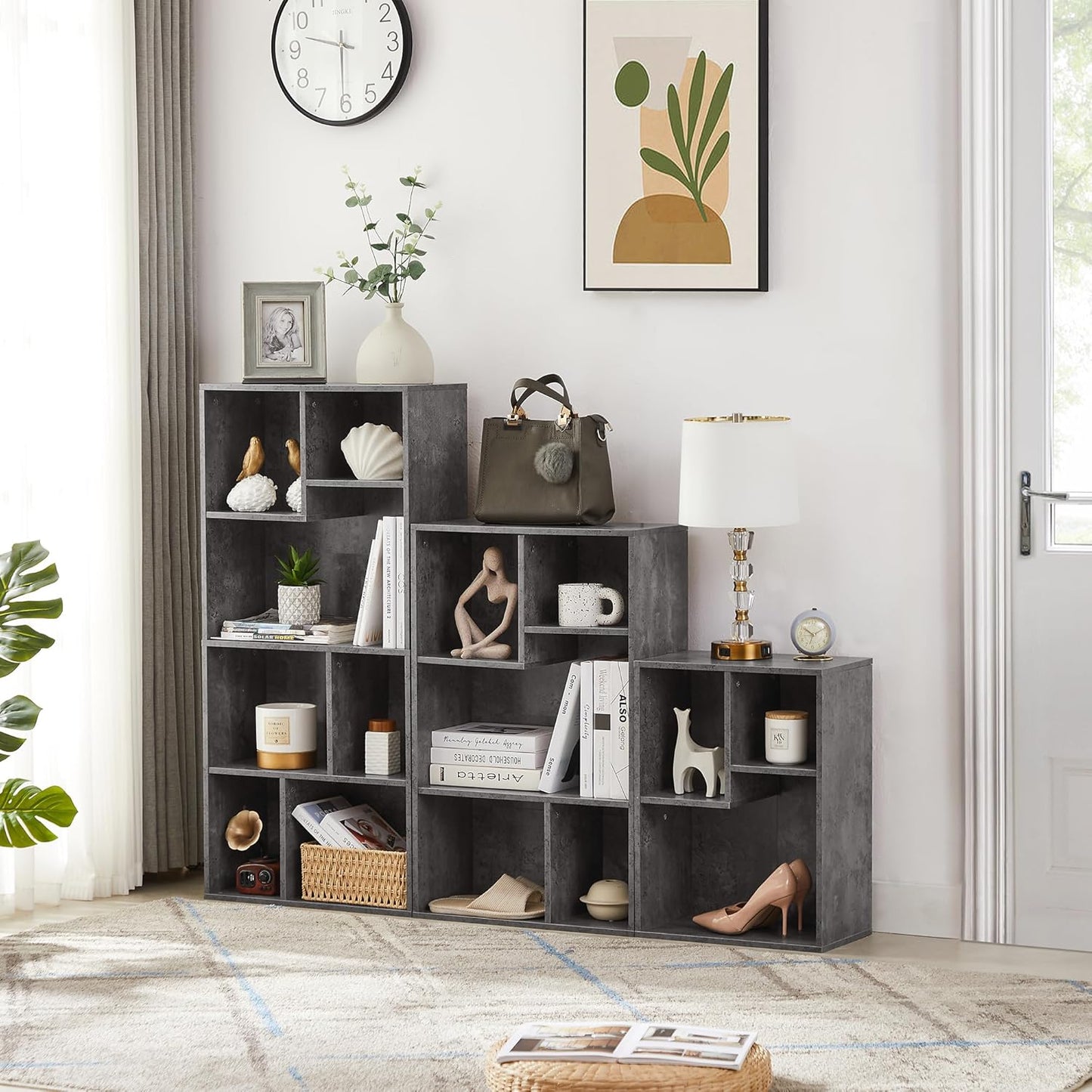 VECELO Contemporary Bookshelf, 5 Cube Shelf, Fits Tallest Hardcovers, Horizontal Available, Storage Organzier for Home Office,Modern Gray