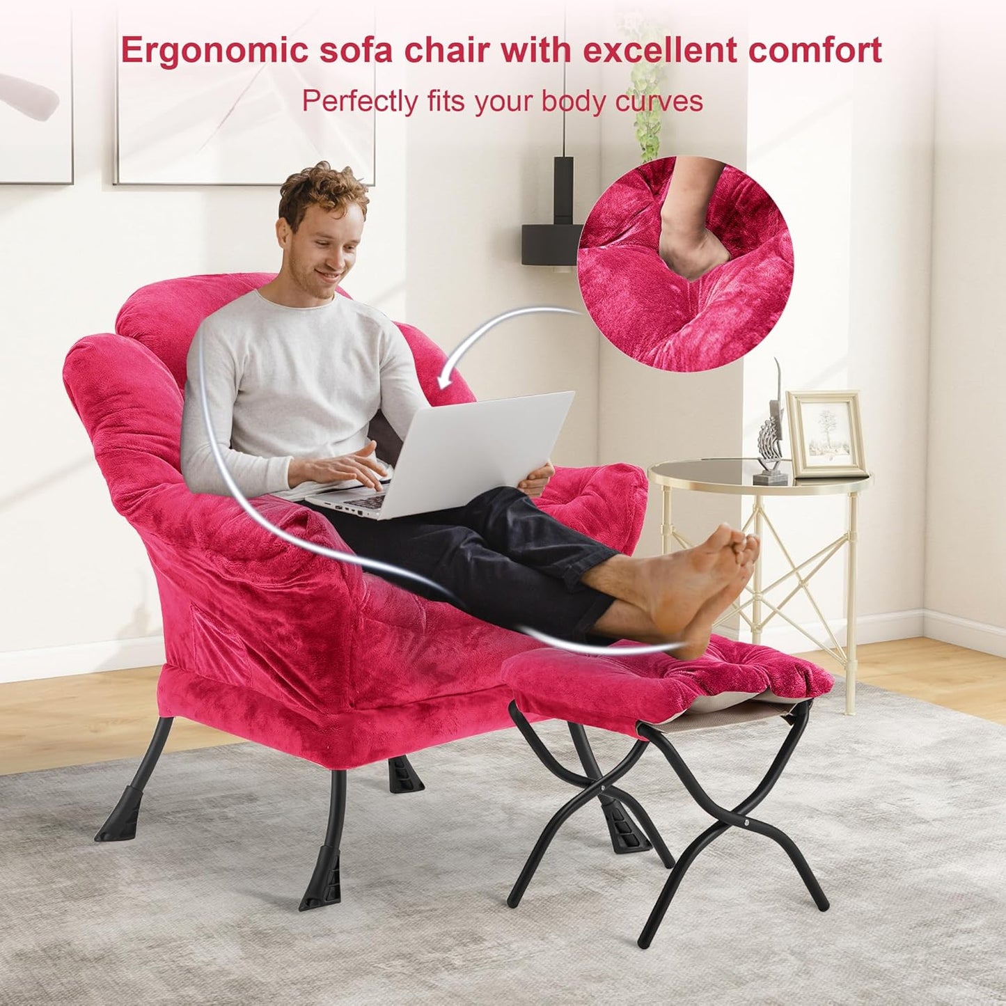 Fabric Lazy Chair with Ottoman, Oversized Upholstered Sofa Chair for Adults, Plush Comfy Lounge Chair with Large Side Storage Pocket, Reading Chair for Living Room, Bedroom, Office, Rose Red