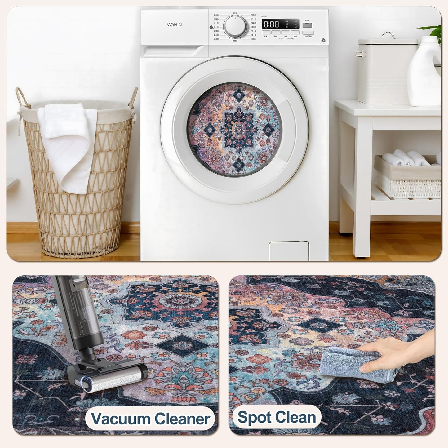 Tangsoo 2x10 Washable Runner Rug for Hallways, Non Slip Vintage Runner Soft Low Pile Long Rug Runner, Print Distressed Navy/Mlulti Carpet Runners for Kitchen Bedroom Entryway Bathroom Living Room