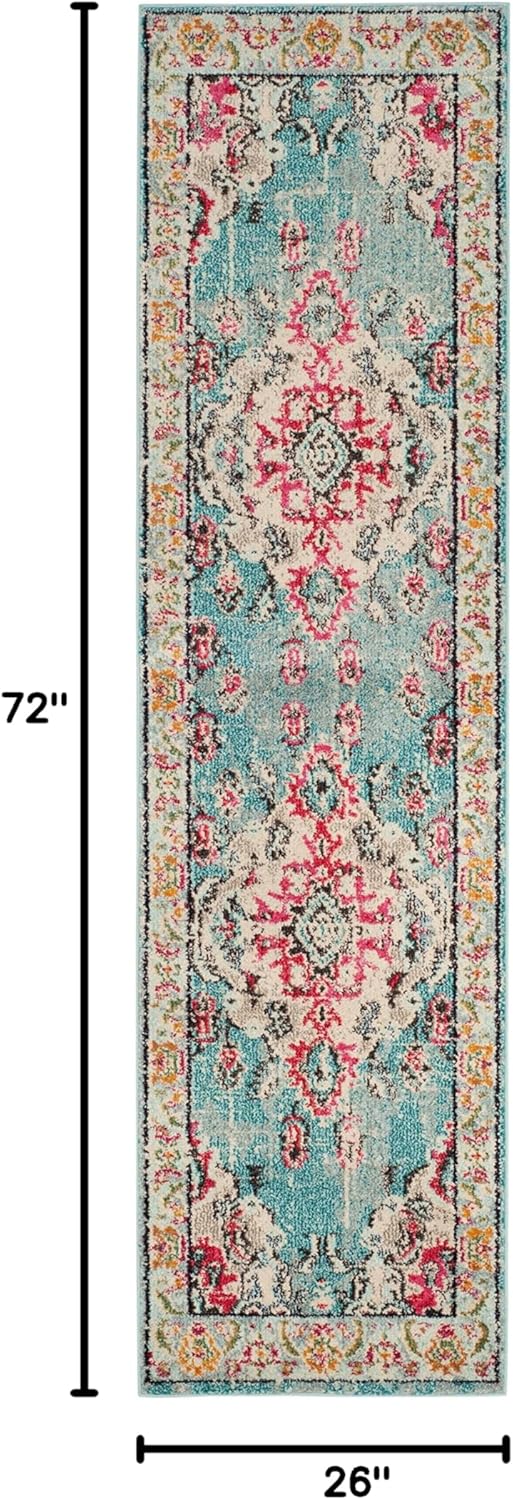 SAFAVIEH Monaco Collection Runner Rug - 2'2" x 6', Light Blue & Fuchsia, Boho Chic Medallion Distressed Design, Non-Shedding & Easy Care, Ideal for High Traffic Areas in Living Room, Bedroom (MNC243J)