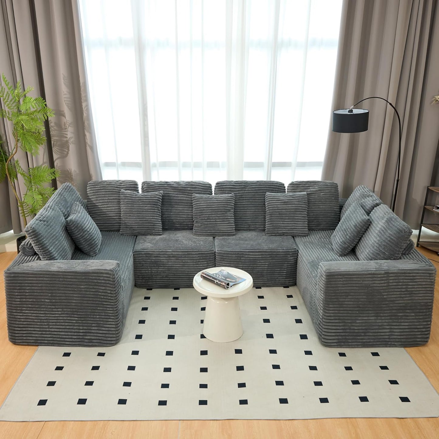 KEIKI 135" U Shape Sectional Sofa,6-Seater Modular Couch with Striped Corduroy Fabric for Living Room,Customizable Design