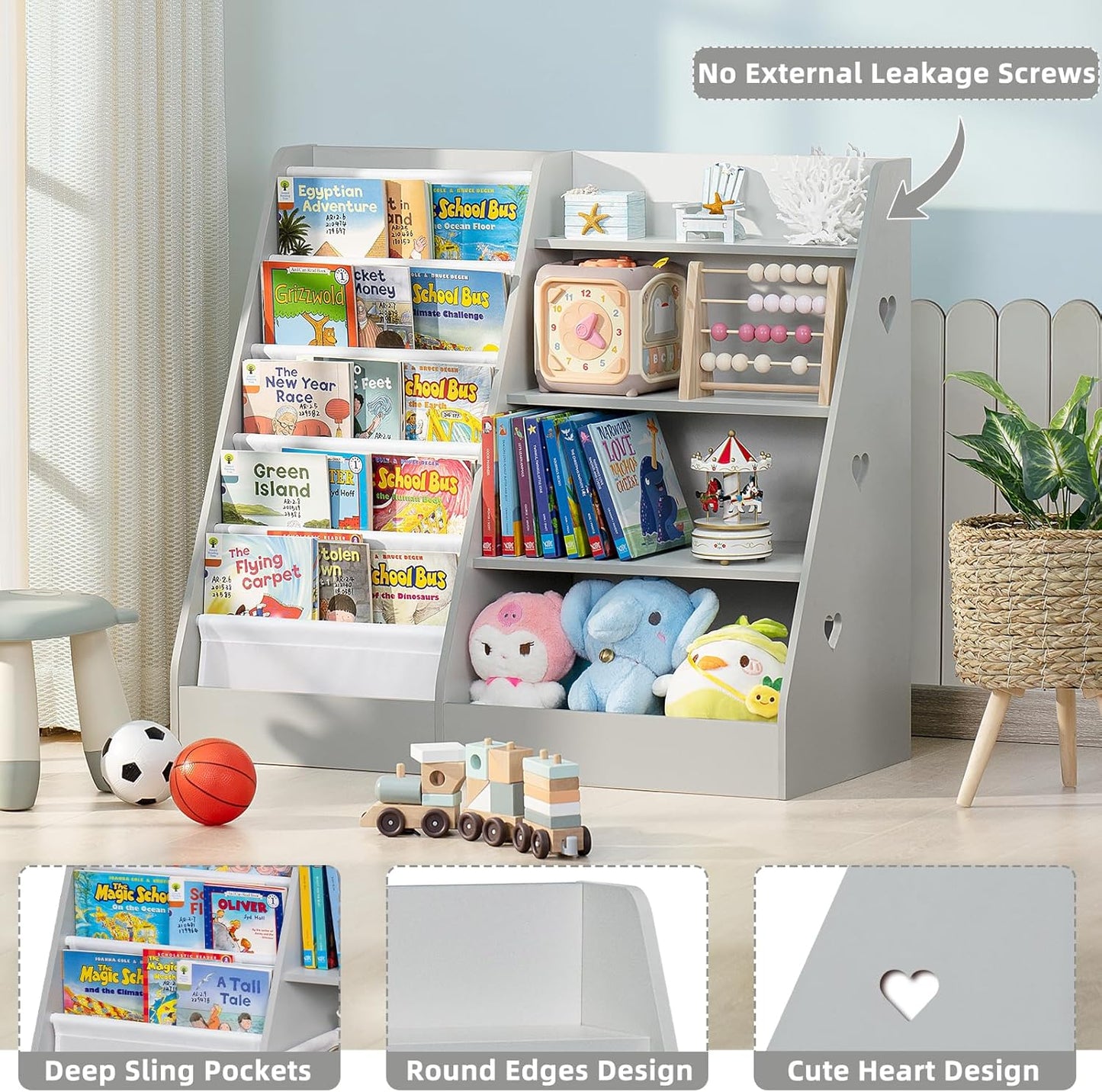 Lerliuo 4 Tier Kids Bookshelf and Storage Organizer, Five Layer Sling Children Bookcase, Baby Toddler Wooden Book Shelf, Display Cabinet for Playroom, Bedroom, Classroom, Nursery, School (Grey)