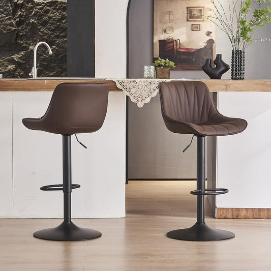YOUNIKE Bar Stools Set of 2, Faux Leather Padded Bar Stool Counter Height Swivel Bar Chairs, Adjustable Barstools with Back for Kitchen Island, Modern Tall Bar Stools with 300LBS Support, Brown