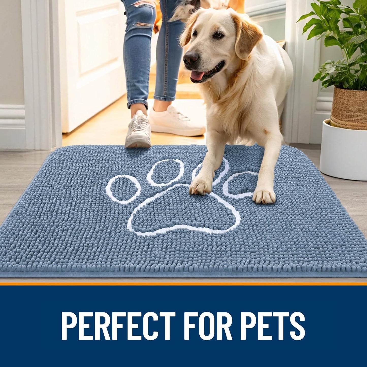 OLANLY Door Mat for Muddy Dog Paws 48x30, Absorbent Chenille Doormat with Paw Print Design, Non-Slip Washable Doormat for Indoor Entryway, Quick-Dry Pet Bed Mats for Dirty Dogs, Airy Blue and White