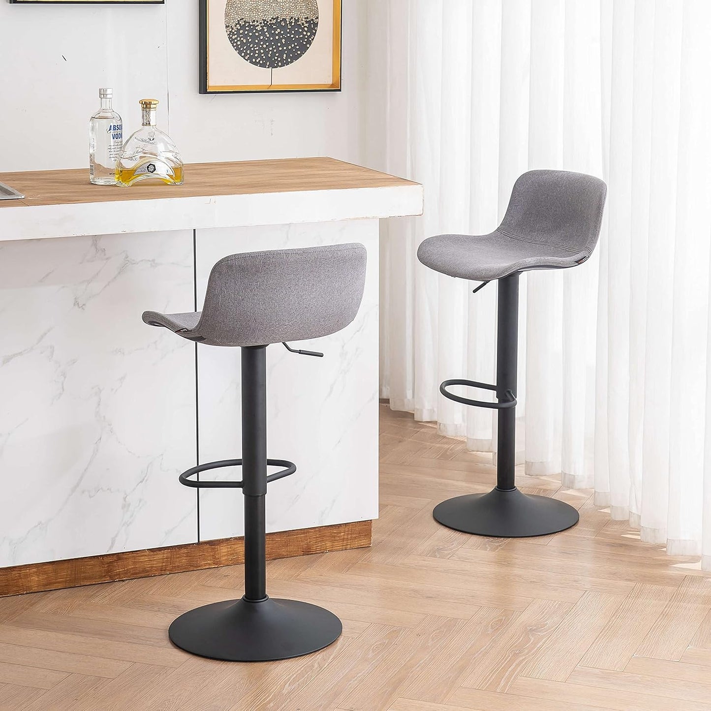 YOUTASTE Fabric Grey Bar Stools Set of 2, Adjustable Counter Height Barstools Swivel Modren Bar Stool with Back Metal Legs, Breakfast Bar Chairs for Kitchen Island Home Bistro