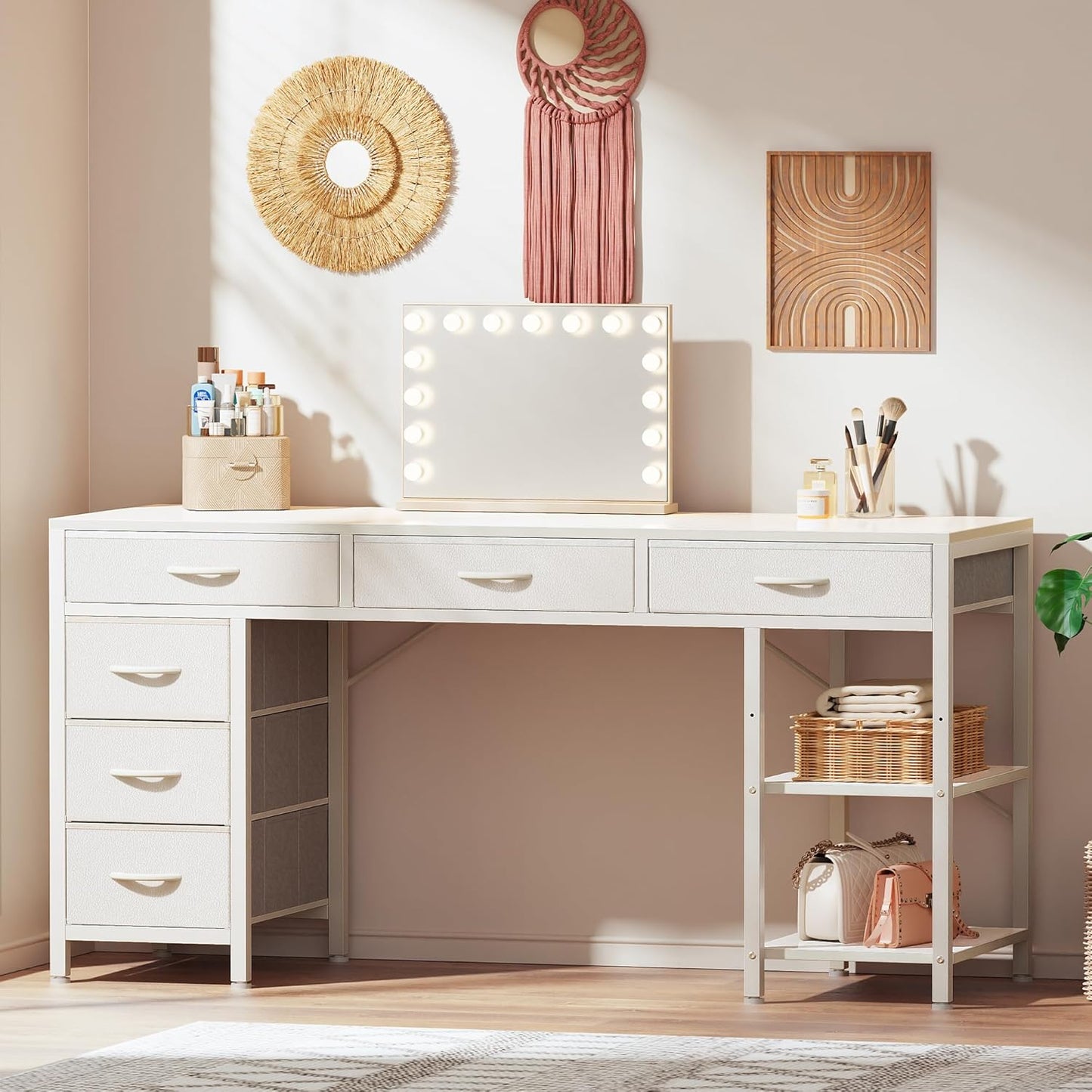 Huuger Computer Desk with 6 Drawers, 54 Inch Office Desk with Shelves, Reversible Gaming Desk, Corner Desk with Storage, Work Desk for Home Office, Study, Living Room, White