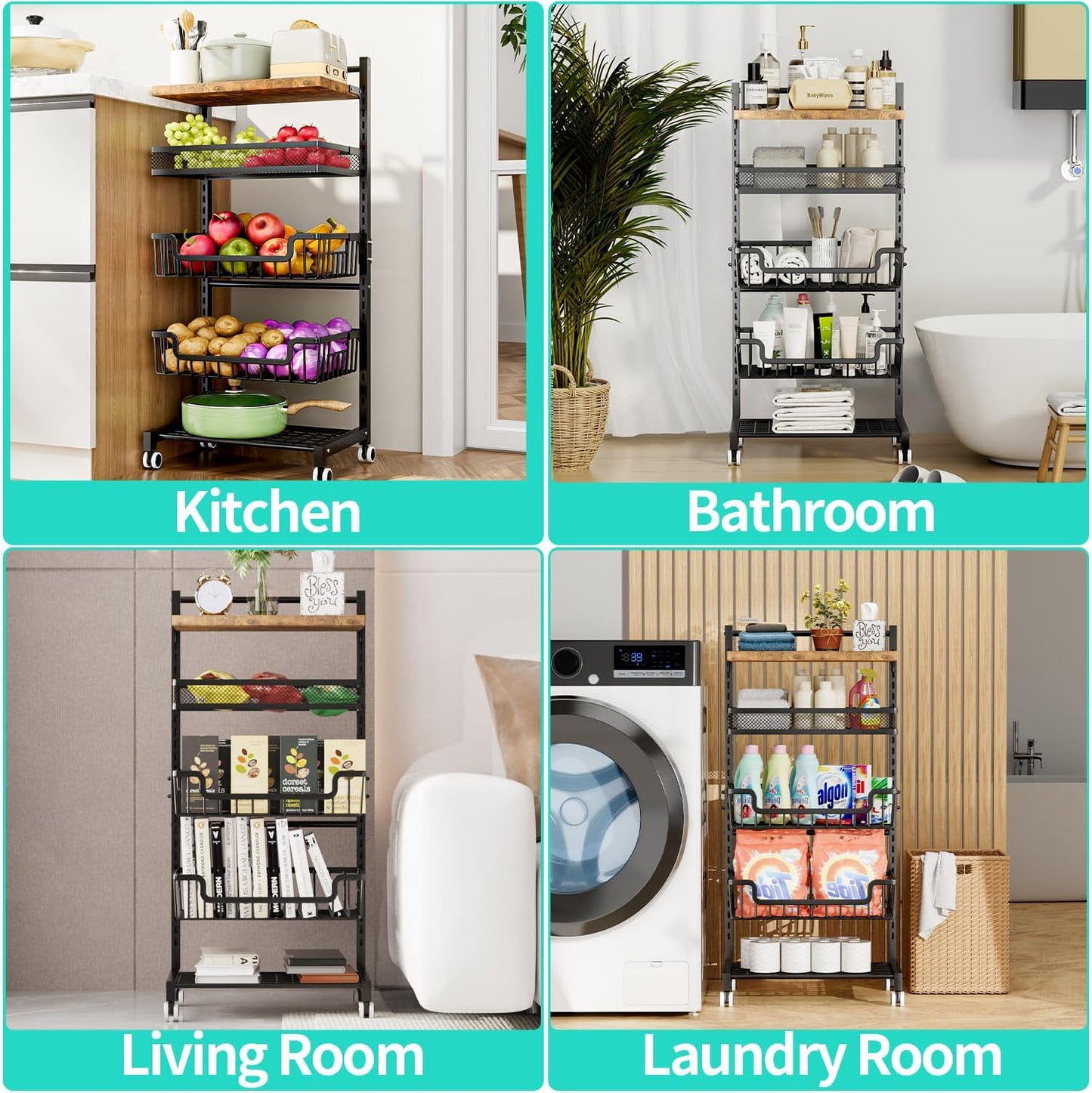 HapiRm Fruit Basket Kitchen Cart - 5 Tier Adjustable Vegetable Storage Rack, Large Capacity Rolling Kitchen Carts on Wheels for Snack Onion and Potato Storage